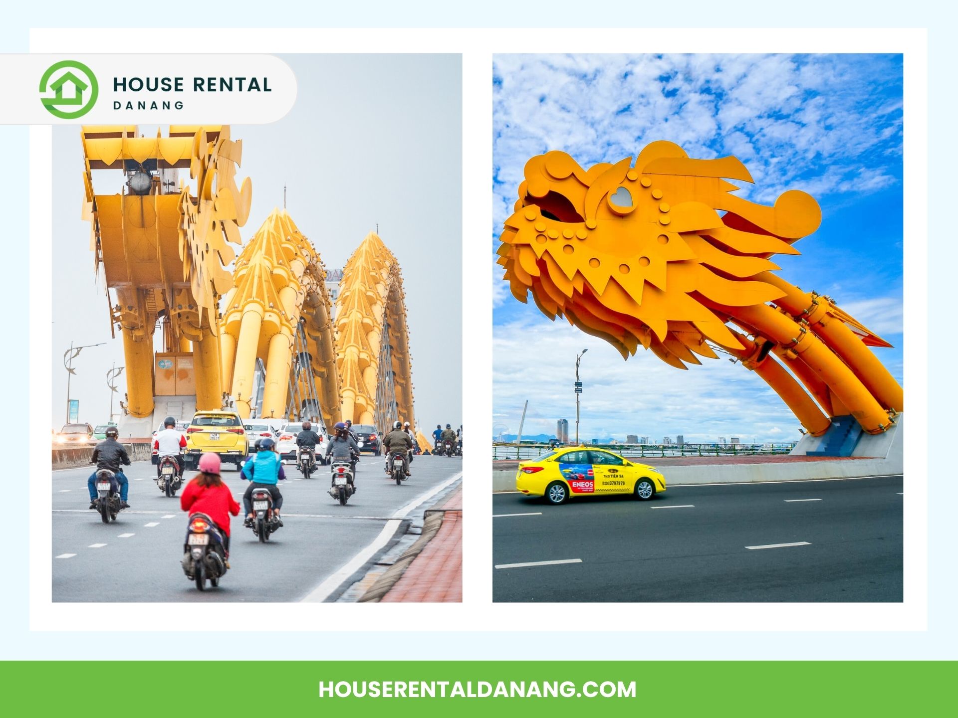 A large yellow dragon bridge on a busy road with motorcycles and cars in Da Nang, Vietnam, shows the dragon's head on the right image and its tail on the left image, not far from the historic Da Nang Cathedral.