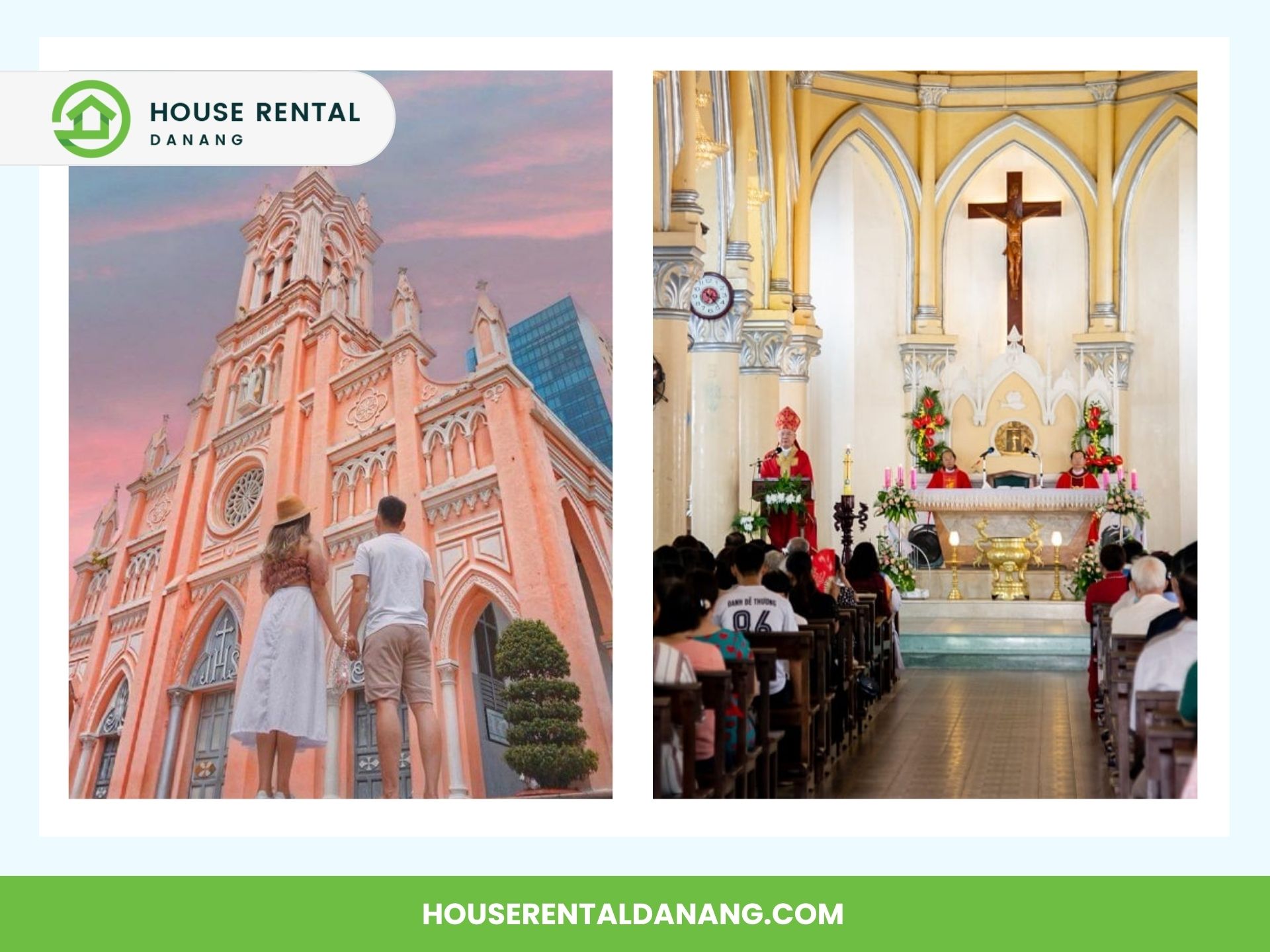 Two photos side by side. Left: A couple holding hands in front of Da Nang Cathedral, its iconic pink façade striking against the sky. Right: Interior of the same church during a service, with people seated, facing the altar.