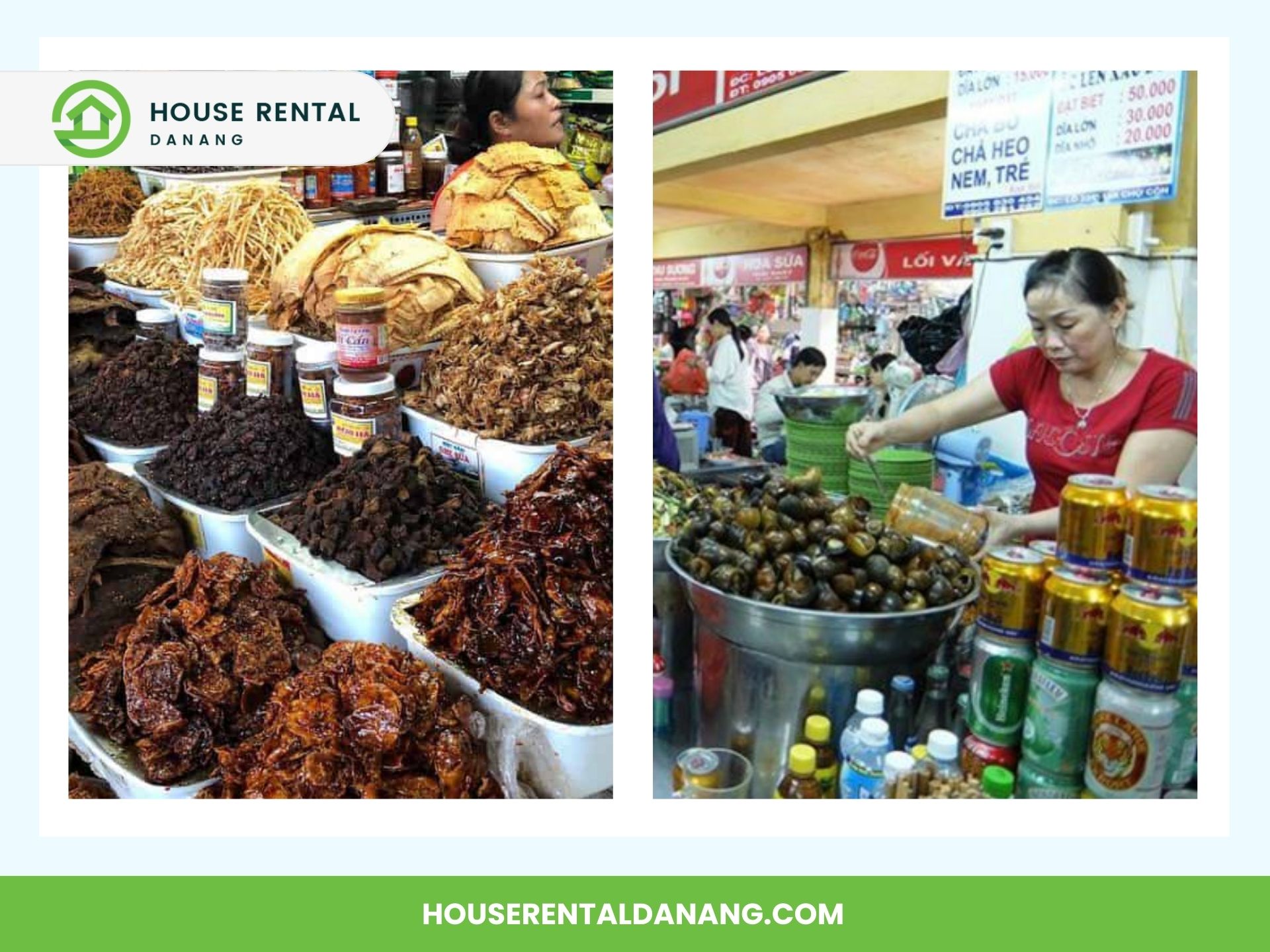 Two images: The left shows various dried goods on display at a con market. The right features a woman selling snails and other food items at a market stall.