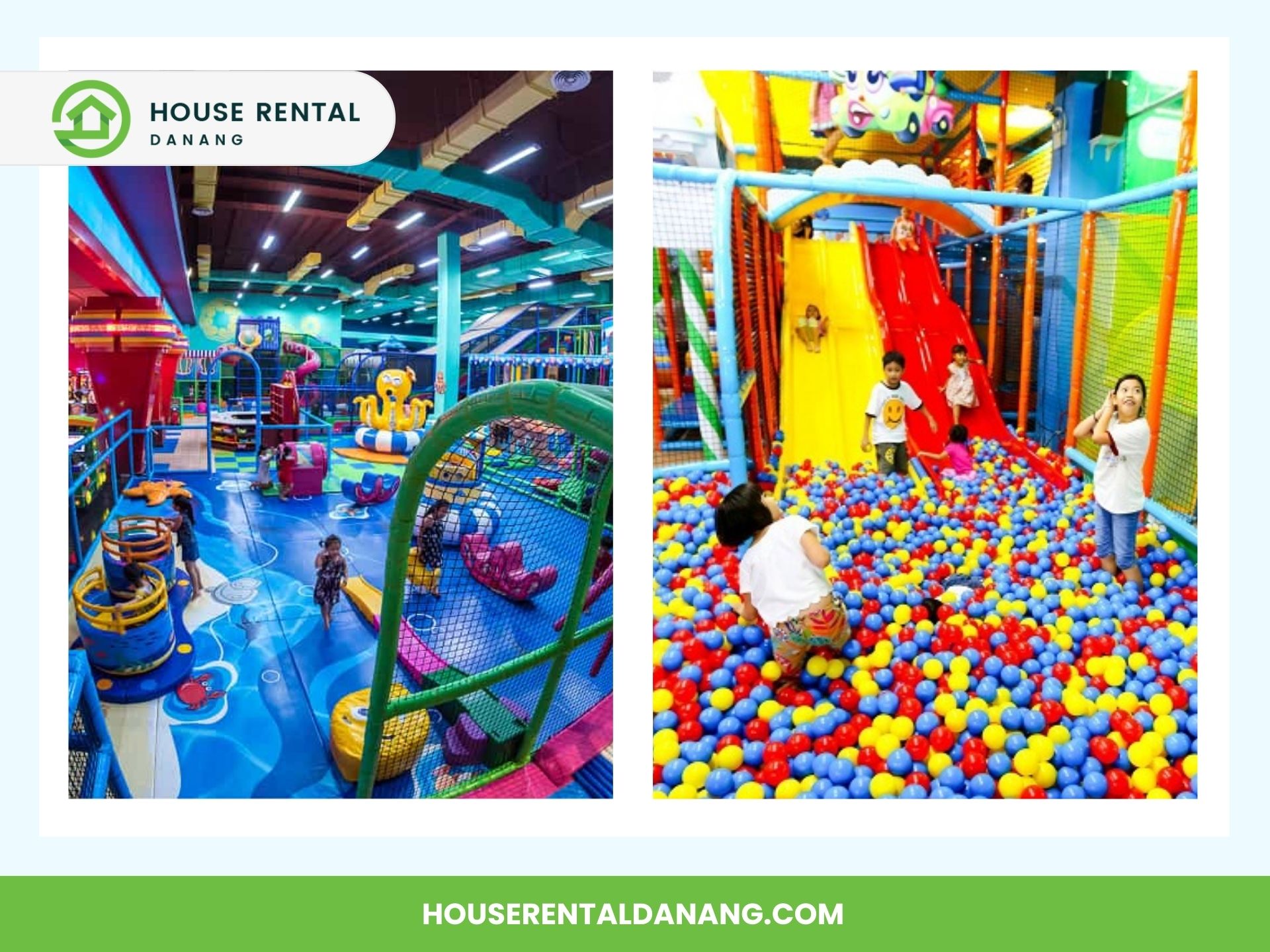 Two images show an indoor play area for children with colorful play equipment, including slides and a ball pit. The images have a green border and logos of "House Rental Danang" and its website link, inspired by the vibrant energy of Asia Park Da Nang.