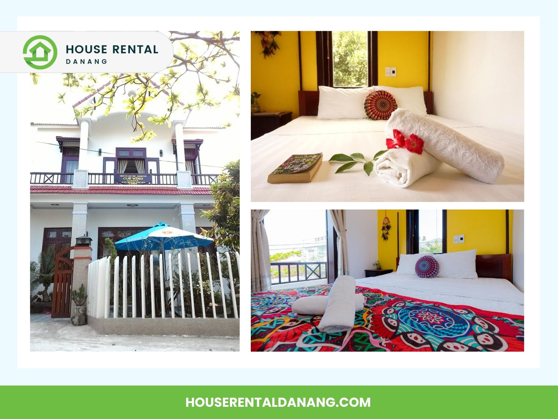 Collage of a house facade and two brightly lit bedrooms with colorful bedding and fresh towels. The house features a white exterior with a balcony. Text reads: "House Rental Danang - houserentaldanang.com." Explore Cham Island for more travel reasons during your stay!