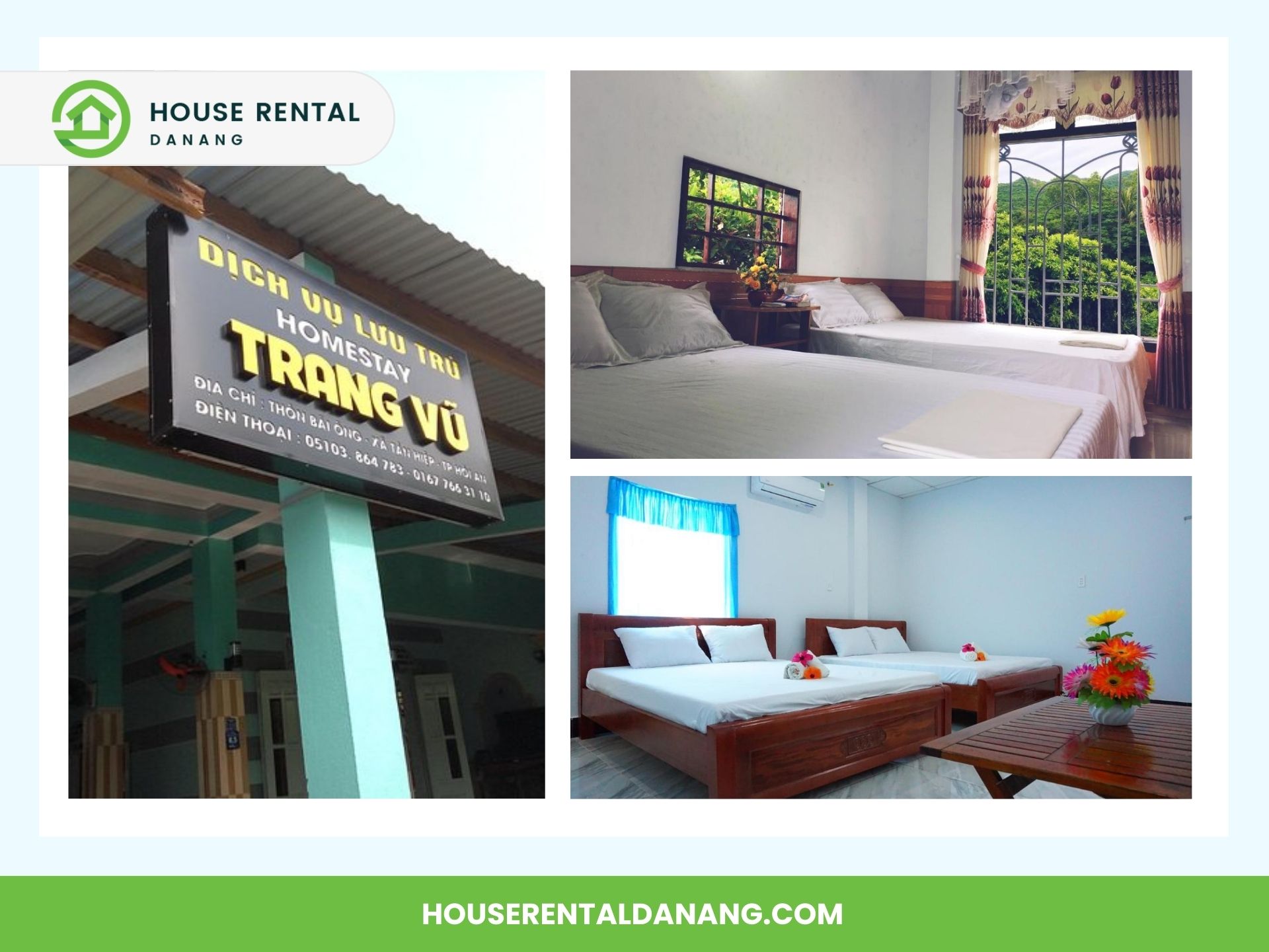 Collage showing a signboard for Trang Vu Homestay and two interior photos of rooms with beds, white linens, and simple decor. Perfect for travelers, this cozy homestay in Danang offers easy access to Cham Island's vibrant tourism scene.