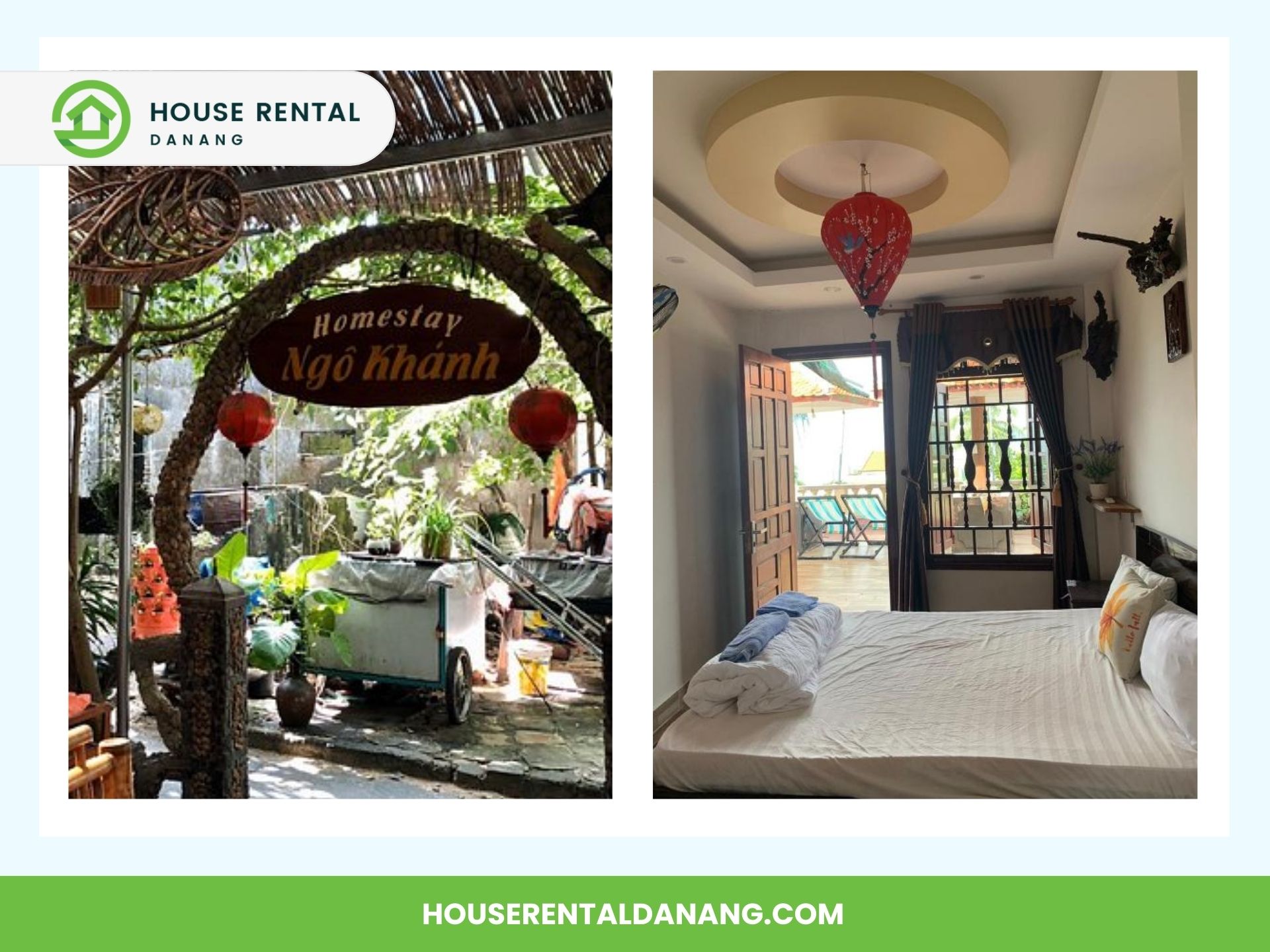 The image shows an entrance to Ngo Khanh Homestay and a bedroom with a bed, linens, and balcony access, perfect for those enjoying tourism in Danang. The homestay boasts a garden, traditional decor, and offers easy travel to attractions like Cham Island. Image courtesy of House Rental Danang.