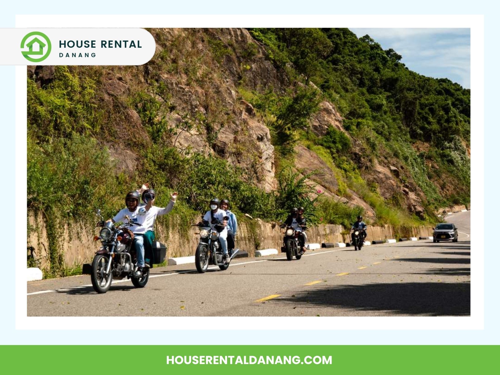 A group of people riding motorcycles on a road beside a rocky hill in Son Tra Peninsula, wearing helmets and casual clothing. The House Rental Danang branding appears in the top left corner and bottom edge of the image.