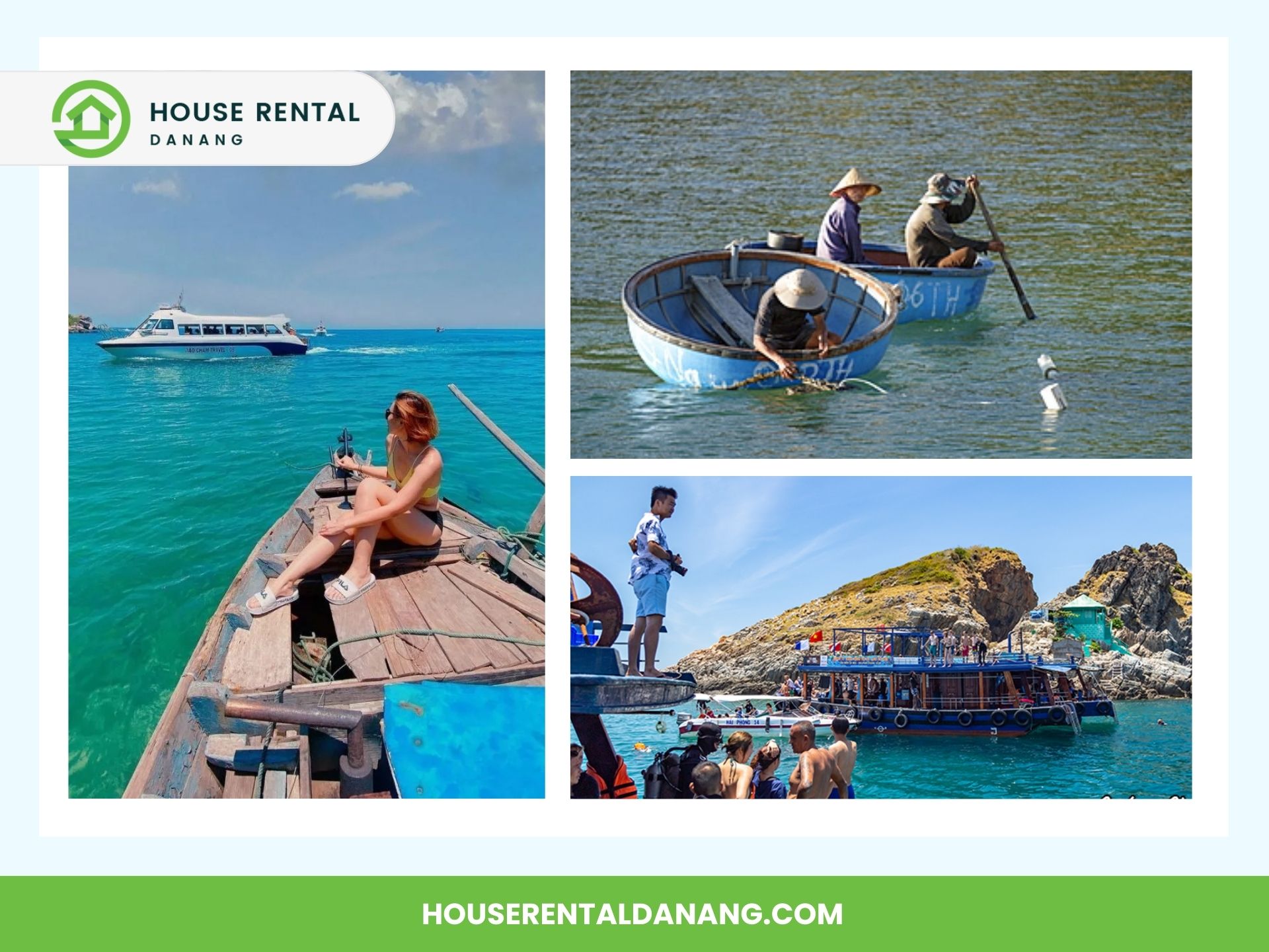 A collage of three boating scenes in Danang: a woman on a wooden boat, two people in a basket boat, and a group of tourists traveling near a rocky shore of Cham Island. House Rental Danang website is displayed.