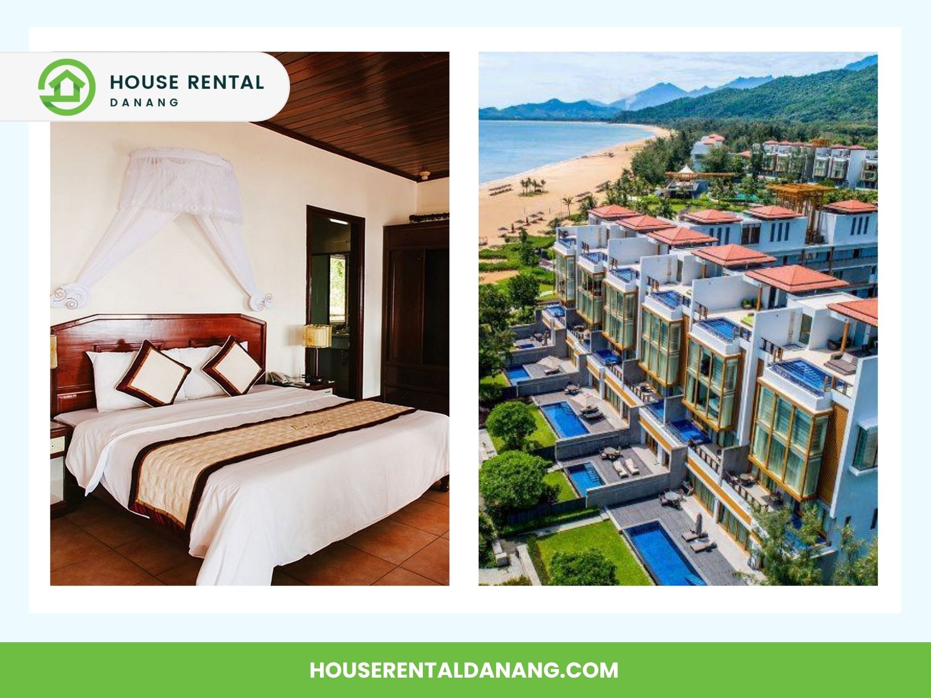 Split image with the left side showing a well-prepared bed in a cozy bedroom, and the right side offering an aerial view of a beachfront property near Hai Van Pass, complete with modern buildings and a pool area.