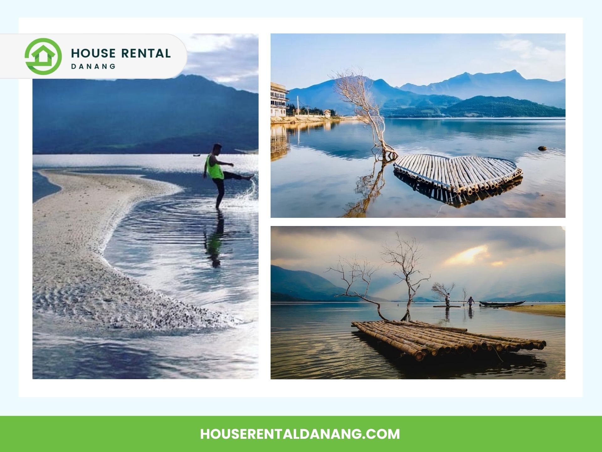 Three images showcase serene lakes in Da Nang, featuring sandy shores, a person running, and two wooden rafts with trees against the backdrop of mountains near the Hai Van Pass. Text overlays indicate "House Rental Danang.