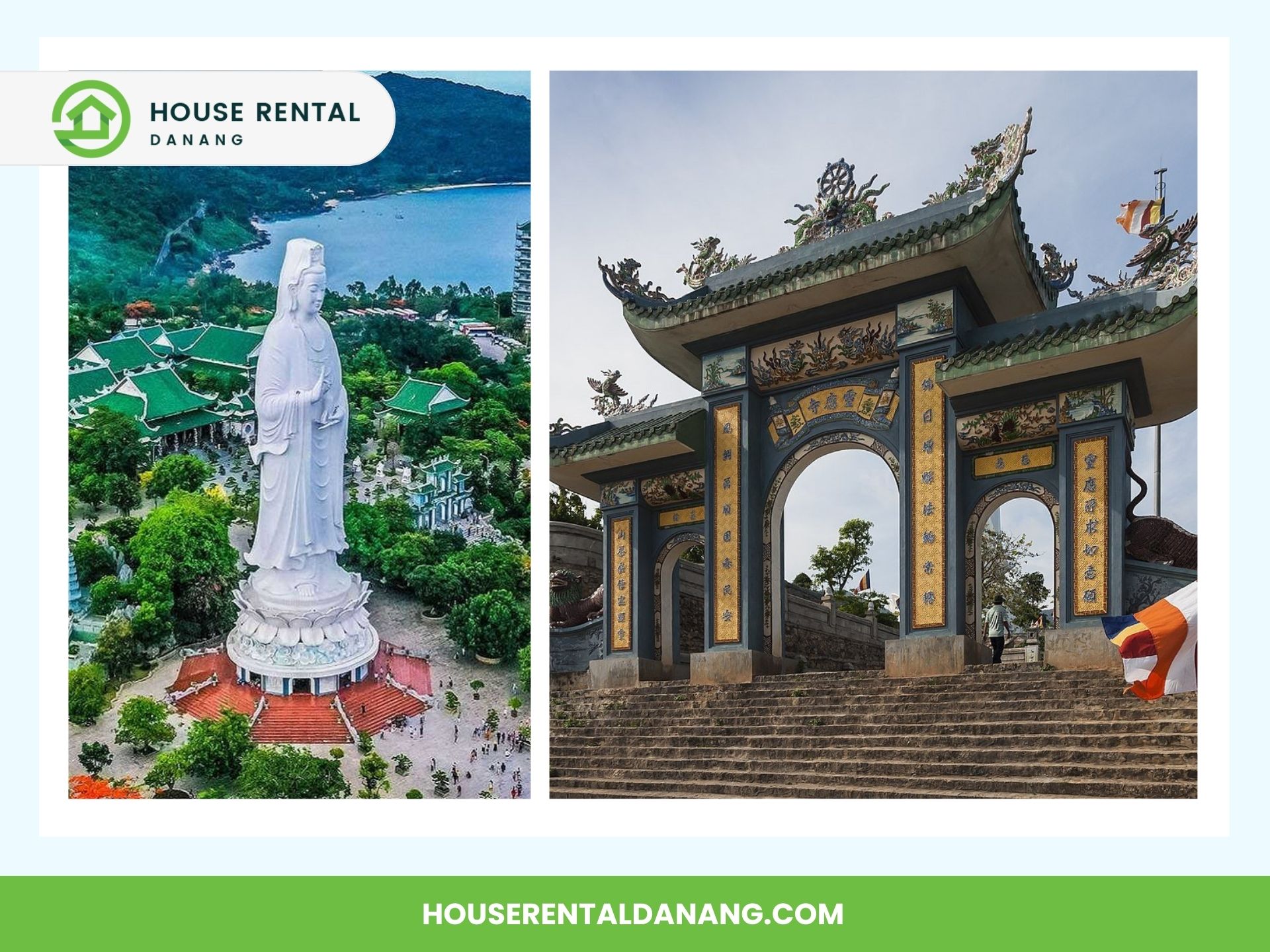 A tall white statue of a deity among greenery (left) stands majestically at Ban Co Peak. A decorative archway with an intricate design and a flag (right) complements the serene setting. Image promotes House Rental Danang.