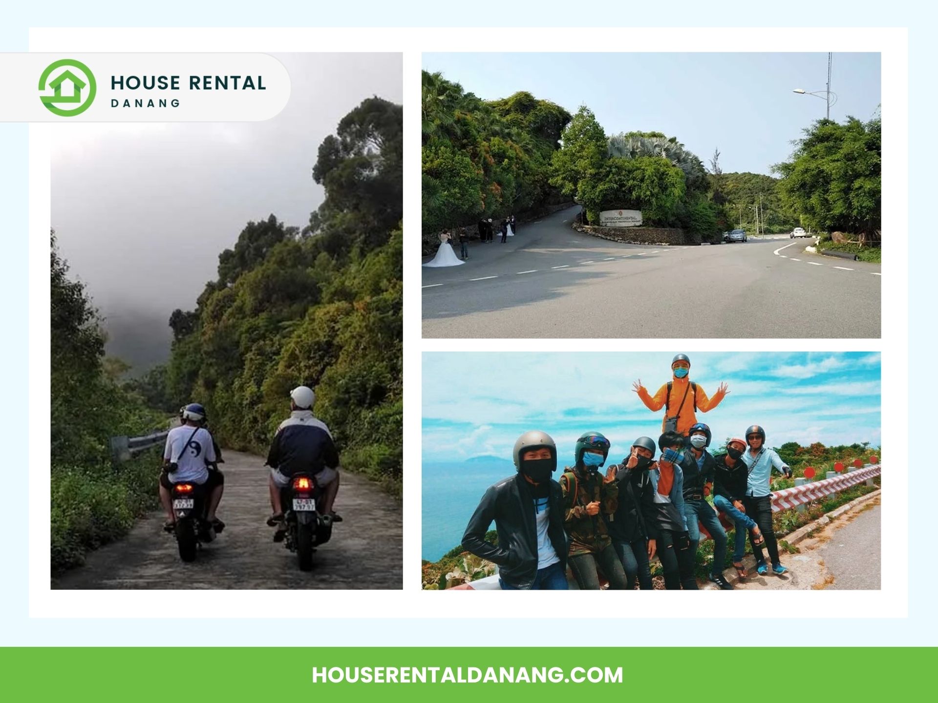 Collage of three images depicting motorcycle riders on scenic roads, including the breathtaking views from Ban Co Peak, and a group of people posing together. The House Rental Danang logo and website are displayed.