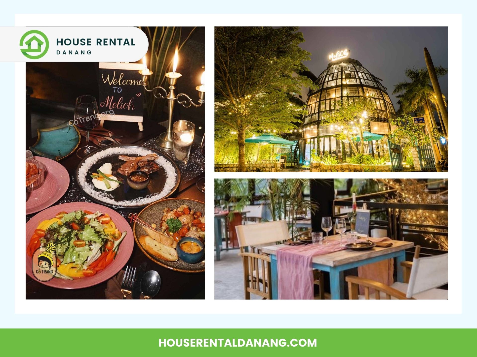 Collage of a house rental promo featuring two elegant dining settings and an exterior view of a glass-roofed restaurant at night, nestled in the vibrant vicinity of Asia Park Da Nang.