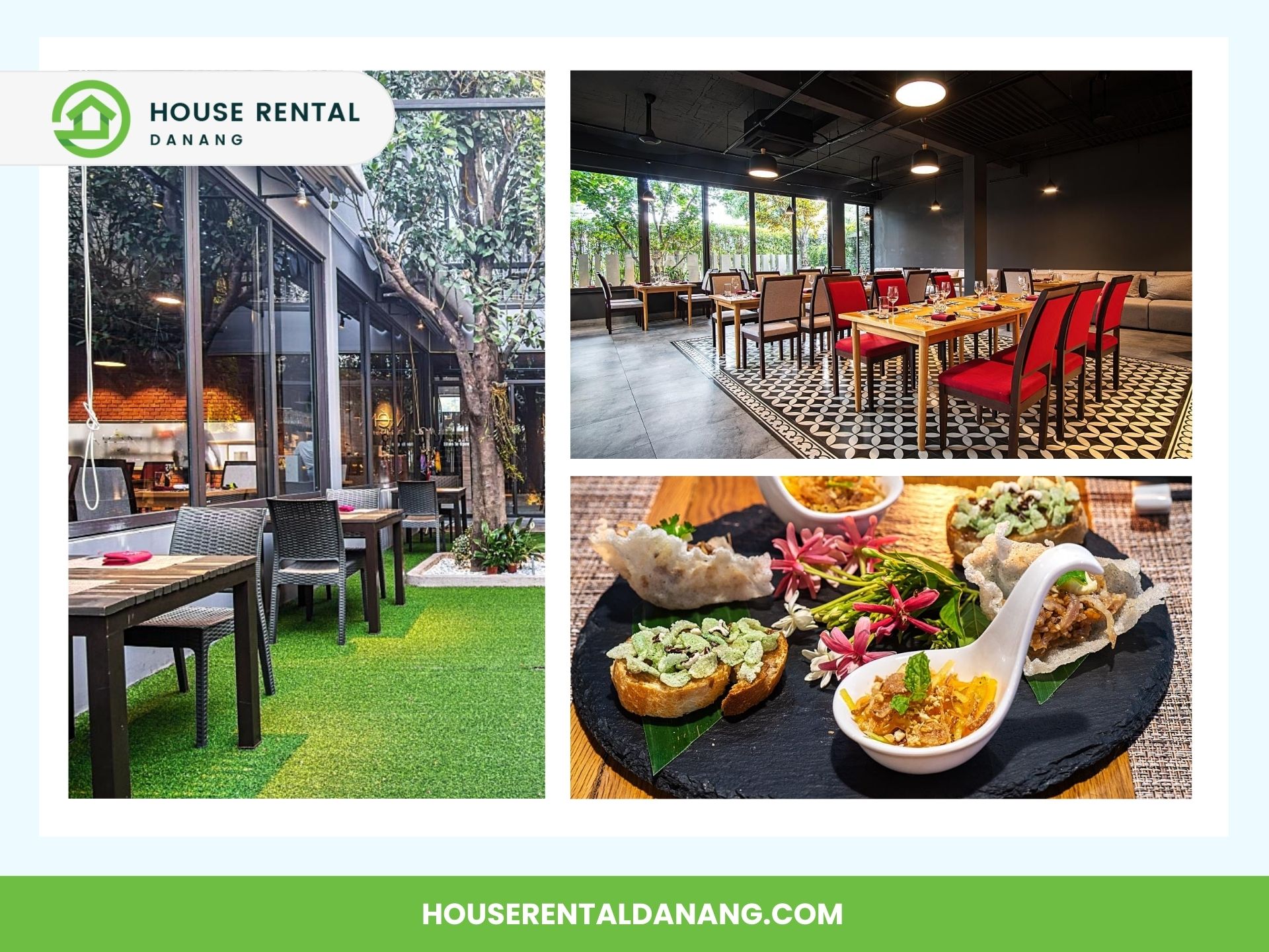 A collage showcasing an outdoor dining area, an indoor dining area with modern decor and red chairs, and a close-up of a gourmet food platter, evoking the essence of an Asian Paradise. Text indicates "House Rental Danang" and website houserentaldanang.com.