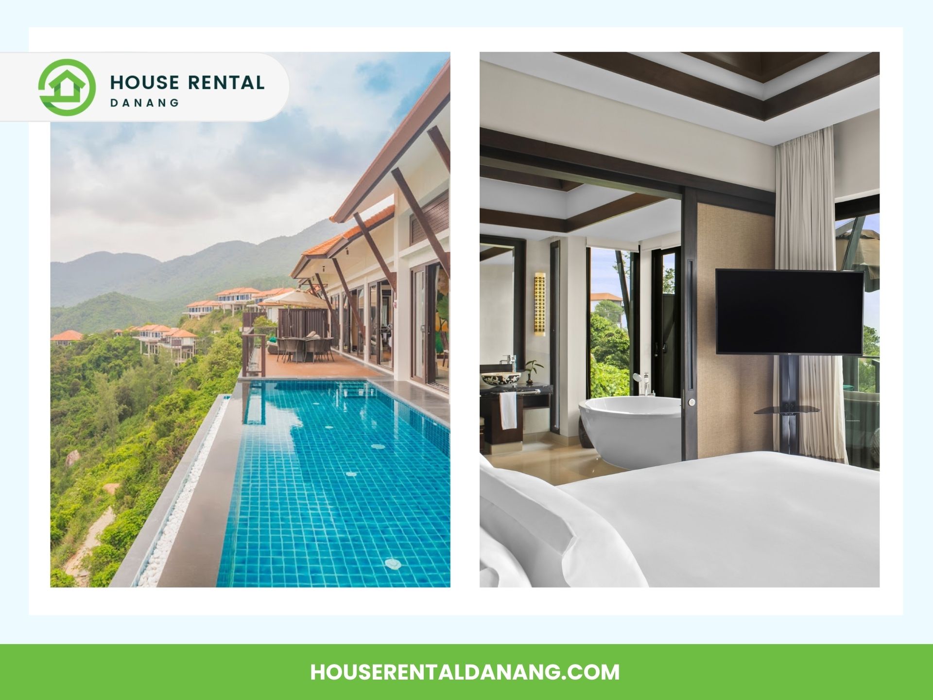 Split image with a pool overlooking the majestic Hai Van Pass mountains on the left and a modern bedroom with a large window view and bathtub on the right. Text "House Rental Danang" on top and "houserentaldanang.com" at the bottom.