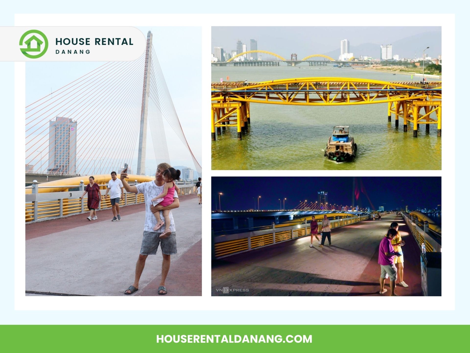 A collage showing different views of the Dragon Bridge in Da Nang, featuring daytime and nighttime scenes with people walking and a boat passing underneath on the serene Han River. In the background, you can also spot the Nguyen Van Troi Bridge adding to the city's charm.