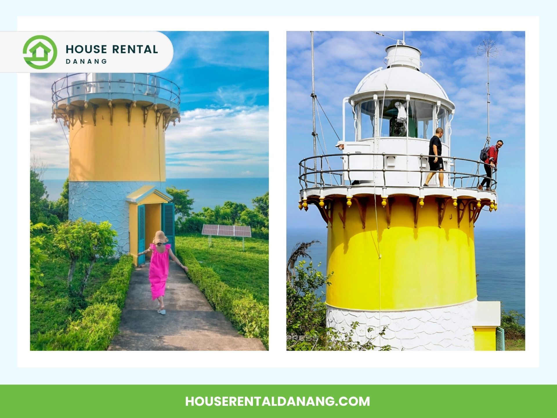 Two images of a yellow lighthouse on the Son Tra Peninsula in Danang, Vietnam. The left image shows a person in a pink dress walking towards the lighthouse. The right image shows two people standing on the lighthouse balcony.