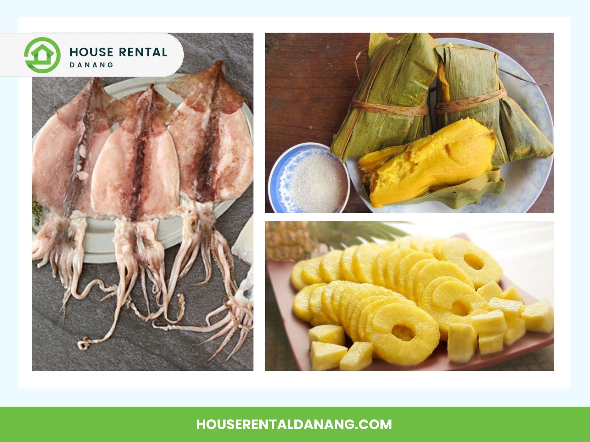 A plate of dried squid, wrapped banana leaf packages with yellow filling, and a platter of sliced pineapple await you on your visit to Cham Island. Experience flavors that make travel unforgettable.