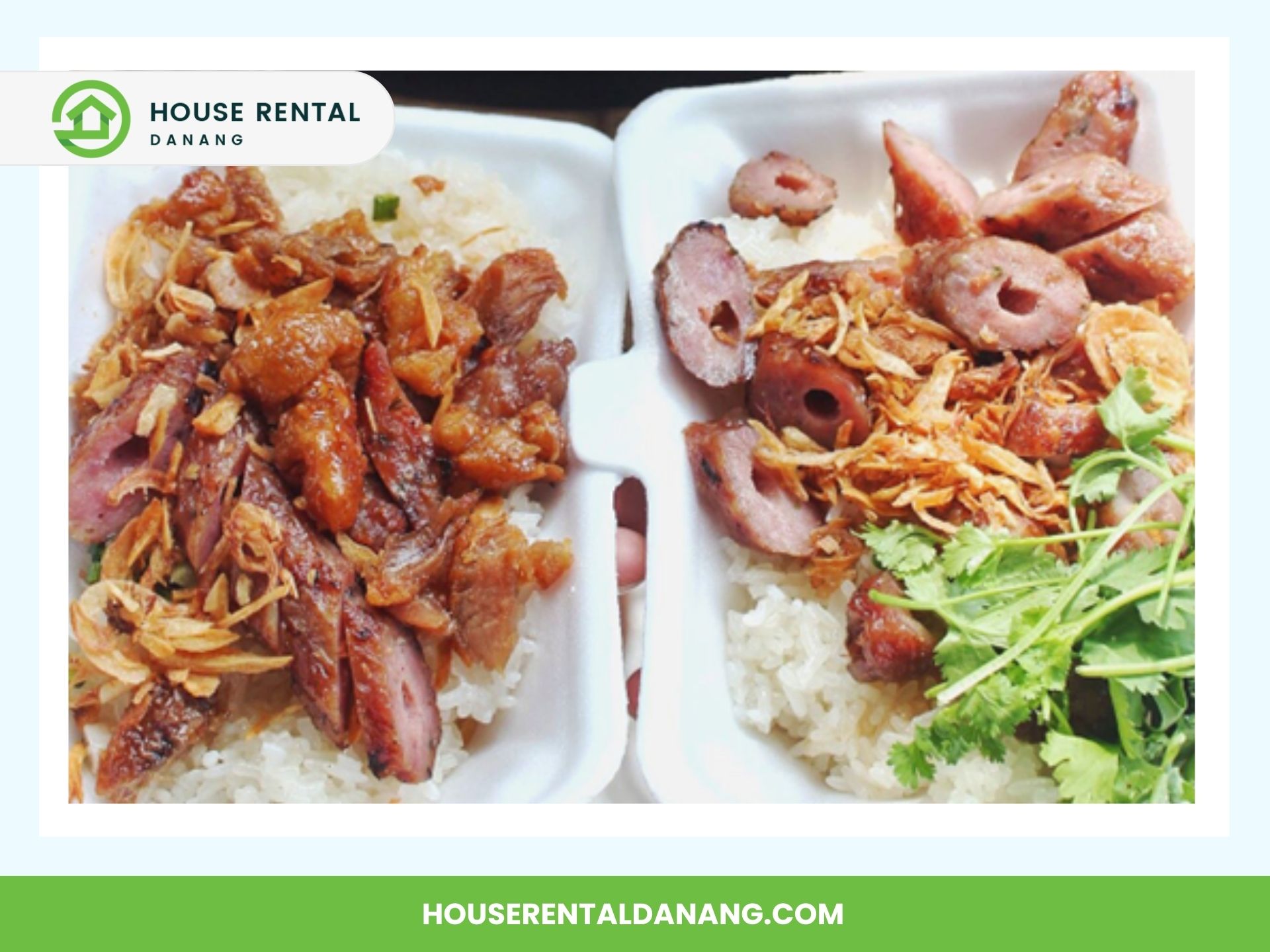 Two styrofoam containers from the con market, brimming with rice topped with seasoned meat, fried onions, and garnished with fresh herbs.