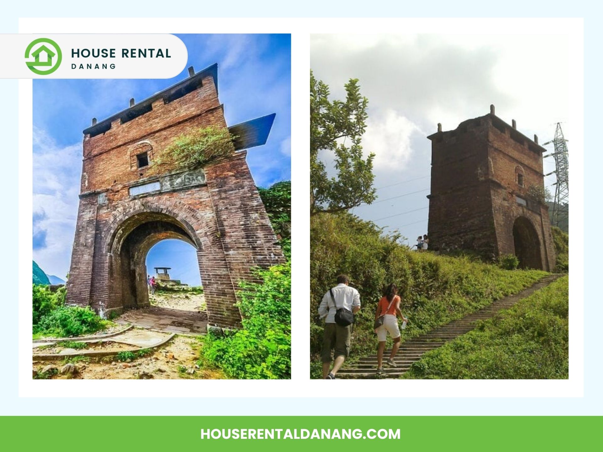 Two images of an ancient brick gate with an archway at Hai Van Pass. The left image shows the gate against a clear blue sky, while the right image captures people walking up steps near the gate.