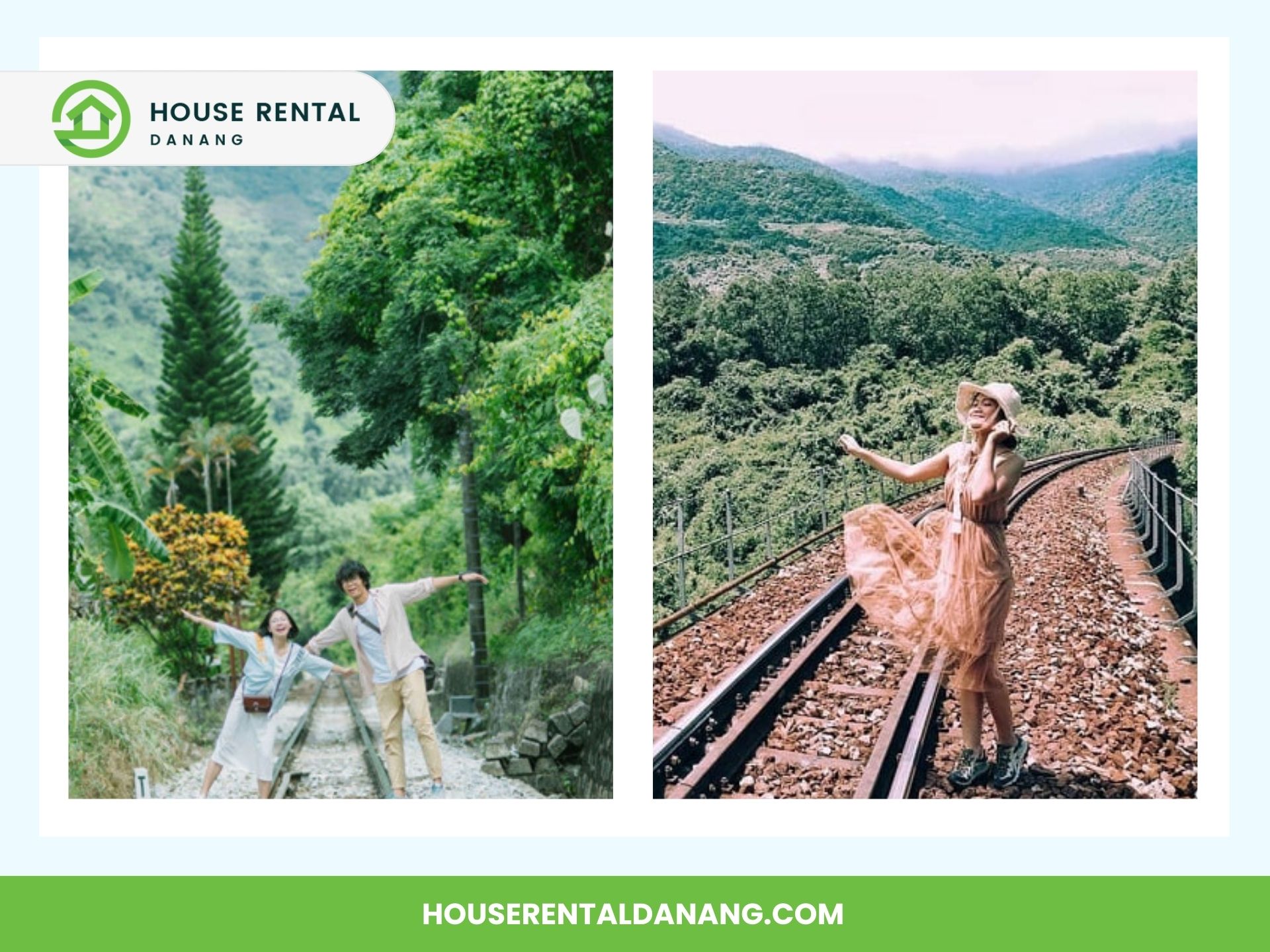 Two photos of people outdoors: one of a couple posing on a path in a forest, and another of a woman standing on railway tracks in the mountainous area near the Hai Van Pass. Text at the top reads "House Rental Danang.