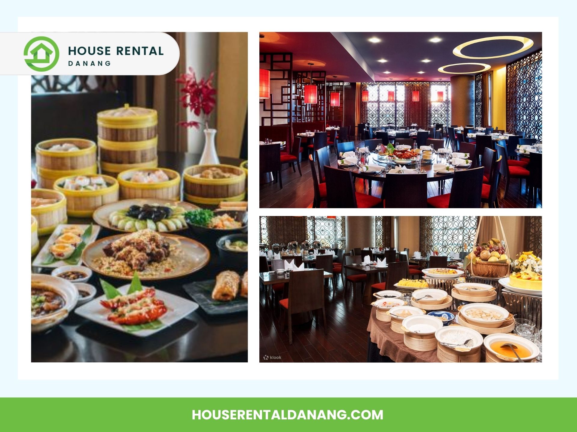 Three images showcase an Asian paradise restaurant setting in Danang: one features a buffet with assorted dishes, another shows a dining area with tables set for meals, and the final one displays a variety of steam baskets and plated food.