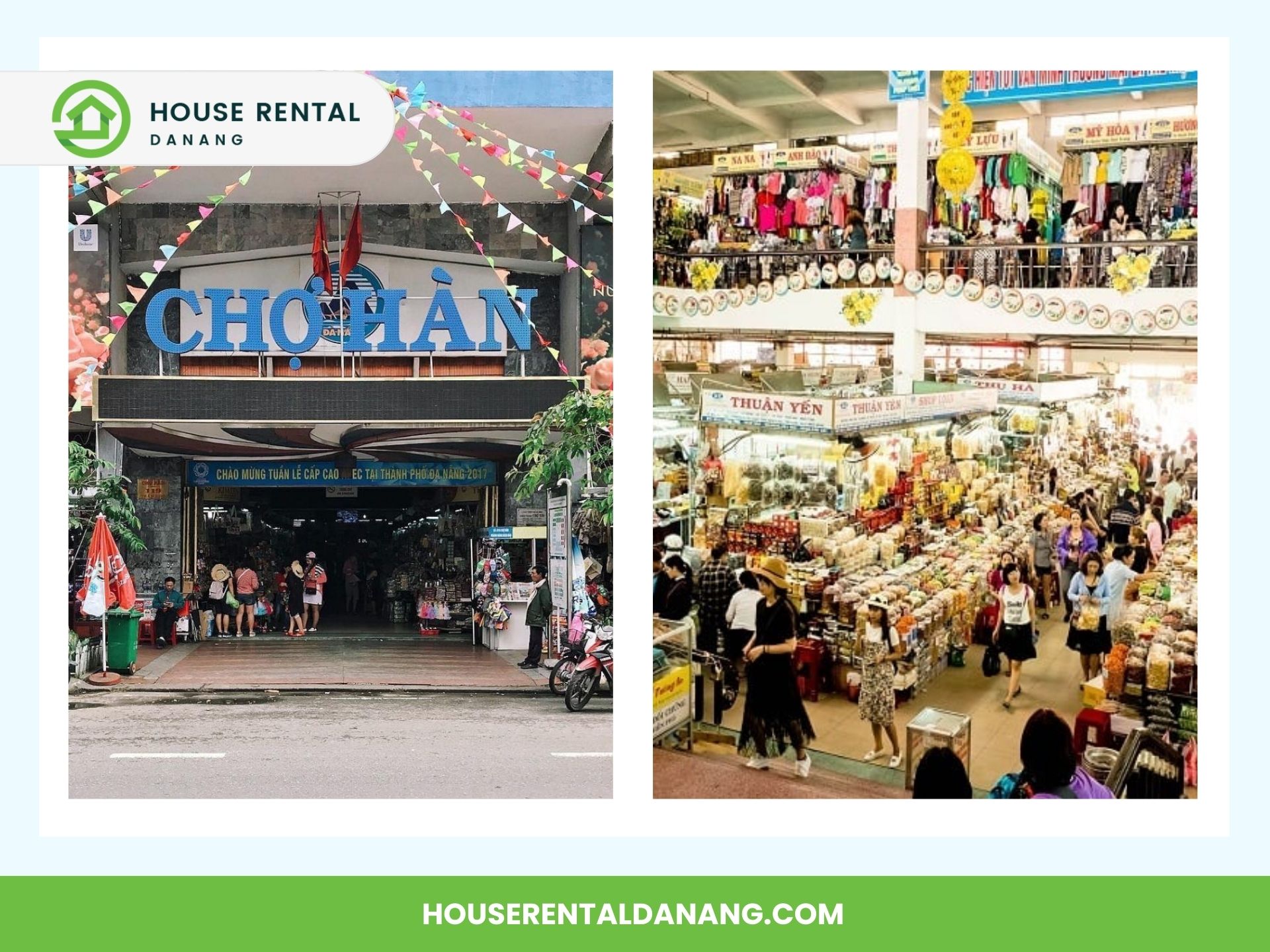 A two-part image showing the bustling market in Da Nang, Vietnam, with the vibrant exterior featuring the market entrance and street activity, while the interior reveals stalls and shoppers. In close proximity, one can also find the iconic Da Nang Cathedral adding to the area's charm.