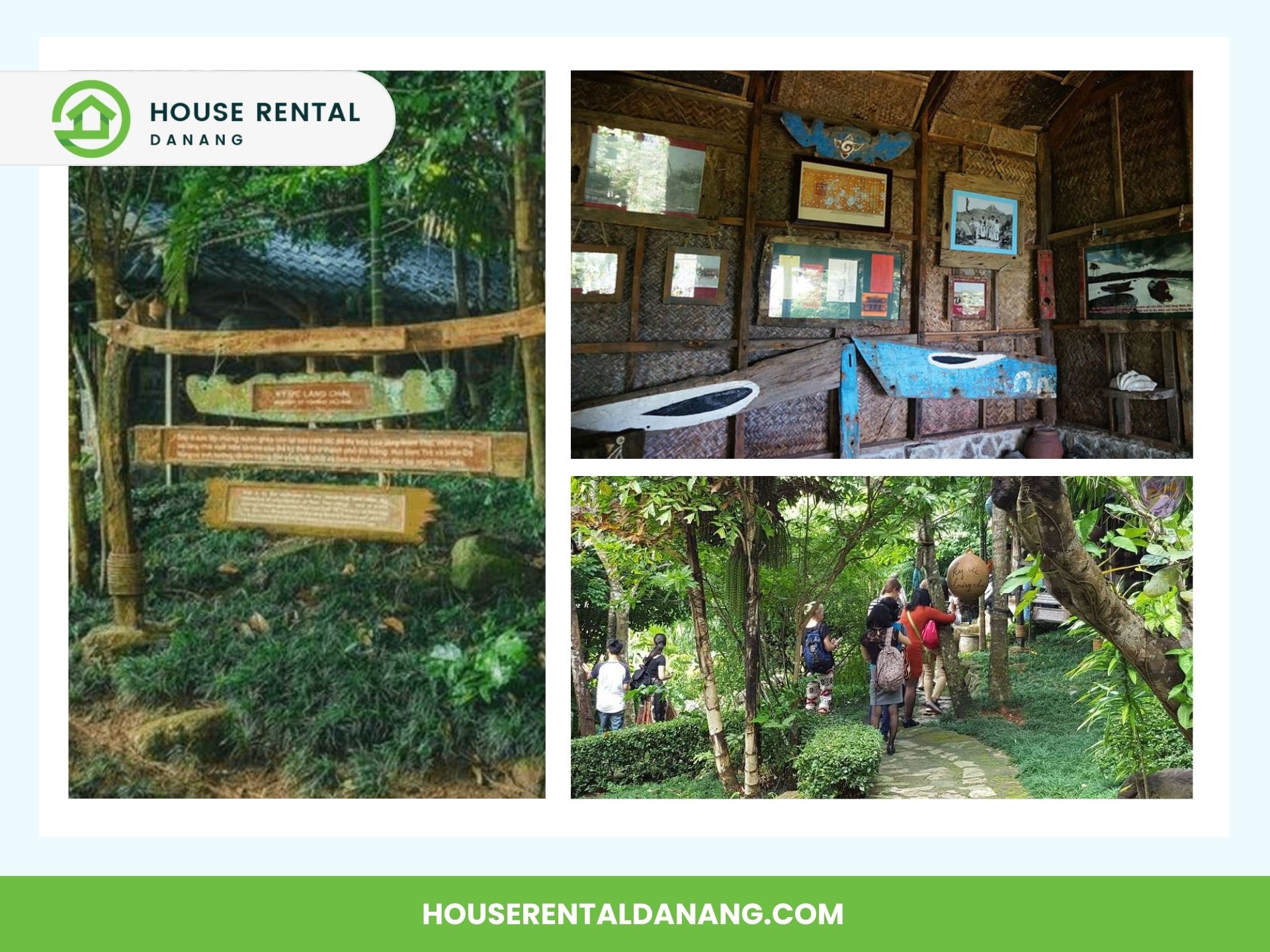 A wooden sign at a garden entrance, an interior view of a rustic building with artifacts at the Dong Dinh Art Museum, and people walking through lush green pathways. For more information on house rentals in Da Nang, visit "HOUSEDANANG.COM.