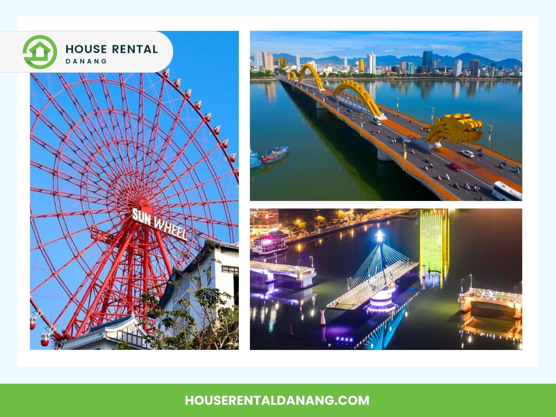 A collage promoting house rental in Da Nang, featuring the Sun Wheel, Dragon Bridge, and a night view of Nguyen Van Troi Bridge with illuminated lights over the Han River. HouseRentalDanang.com branding is displayed at the top and bottom.