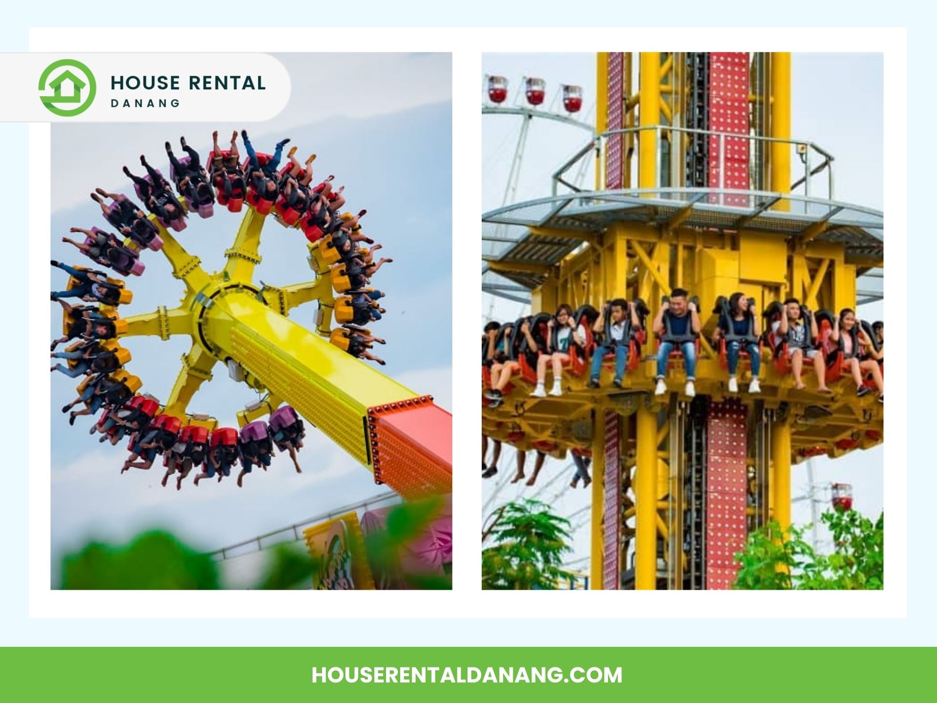 Two amusement park rides in motion at Asia Park Da Nang: a rotating pendulum ride on the left and a drop tower ride on the right, with people experiencing both attractions.