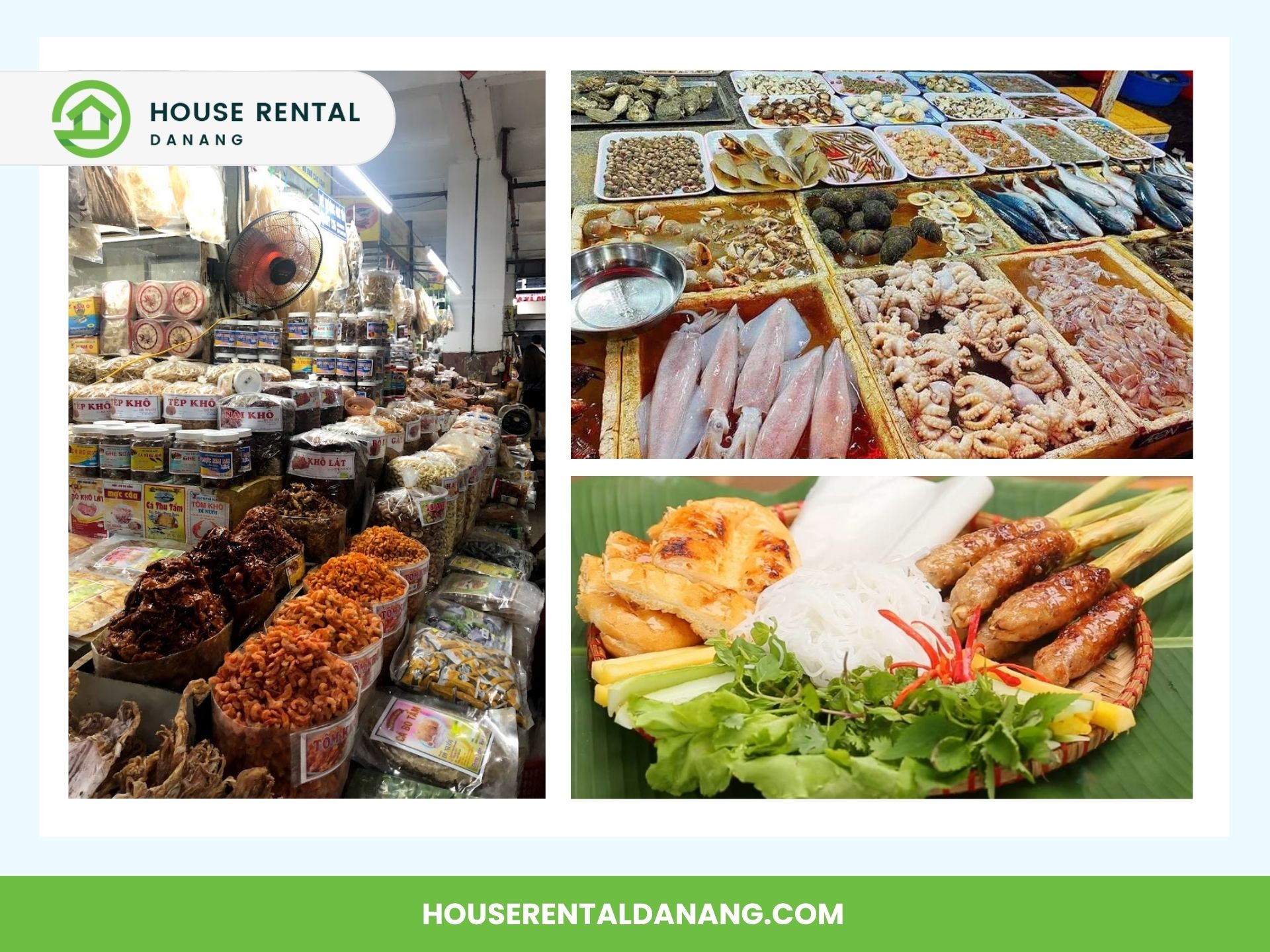 A collage featuring the bustling Han Market with various spices, a seafood display with fish and shellfish, and a dish with sausages, noodles, and vegetables. Text reads "House Rental Da Nang 2024" at the top.