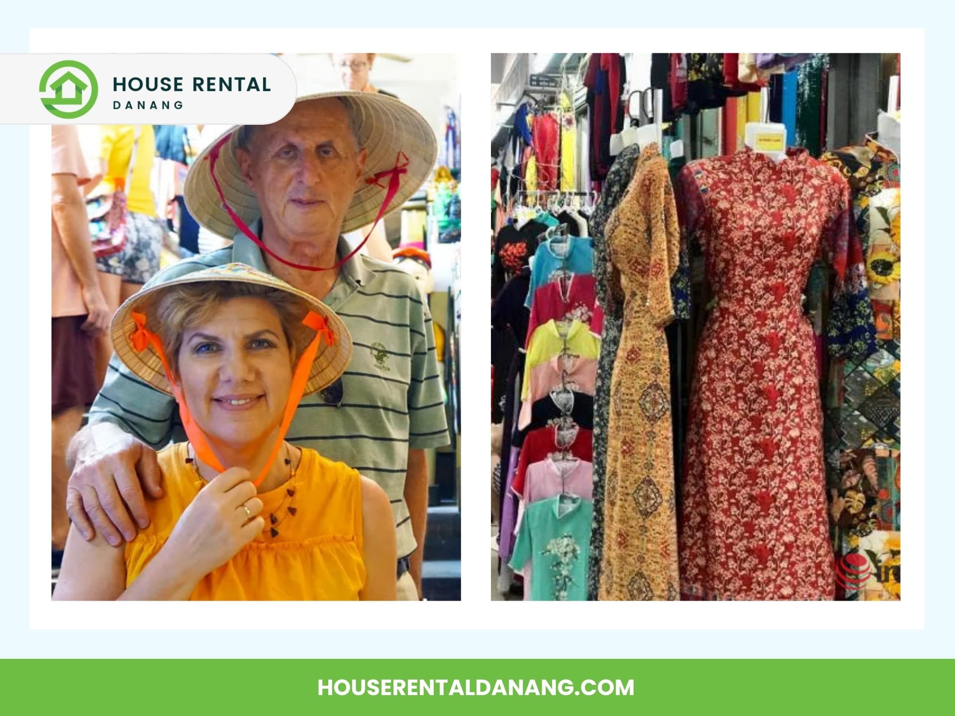 A man and woman posing with traditional hats at Han Market Da Nang in a coastal city next to a mannequin displaying a red patterned dress. House Rental Danang logo is at the top left, and the website is at the bottom.