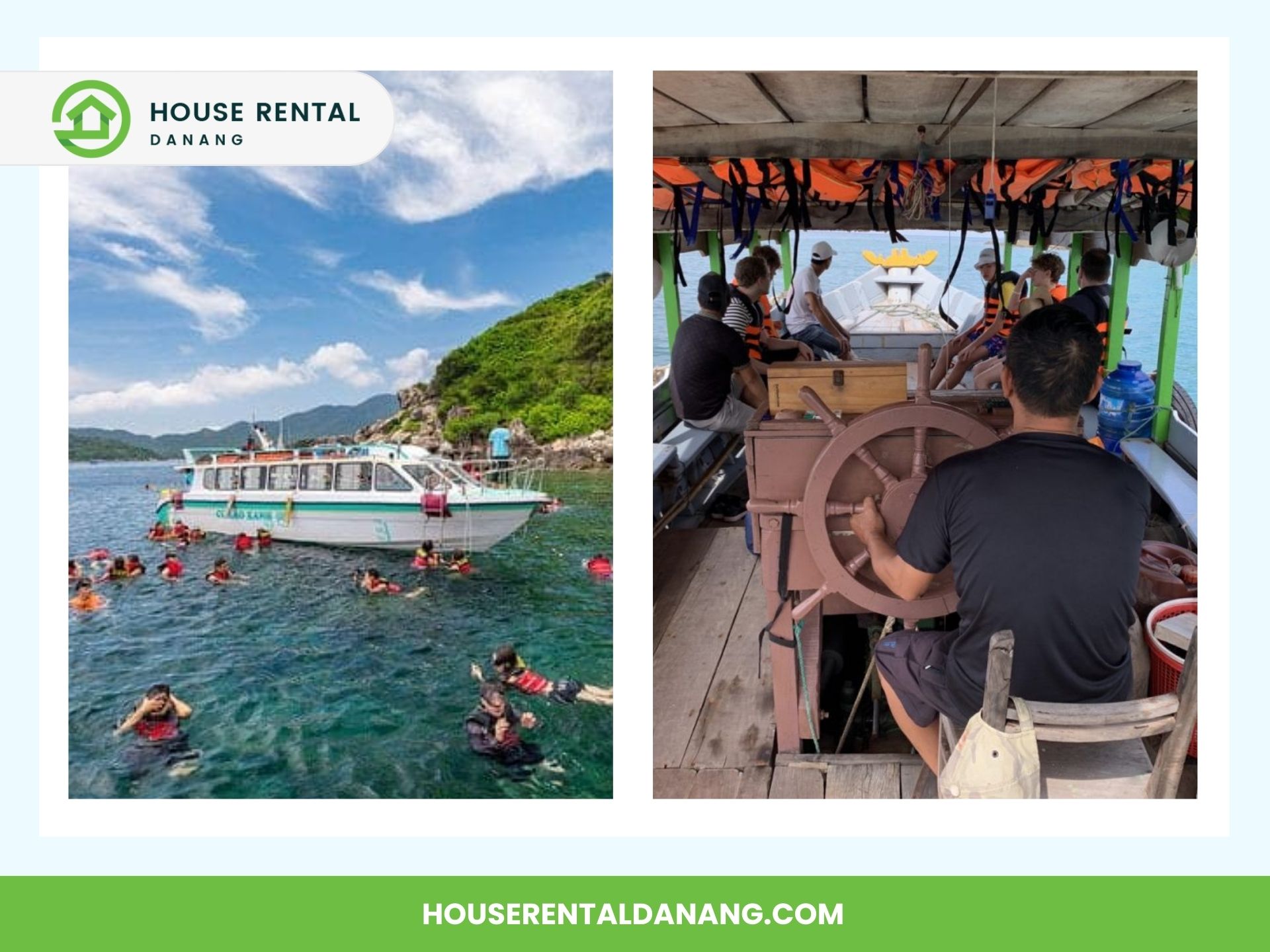 Two photos: Left shows people swimming near a boat in clear waters under a sunny sky, showcasing the beauty of Cham Island. Right shows passengers seated on a boat while a man steers. Text: "House Rental Danang" and website link. Perfect for your next travel adventure!