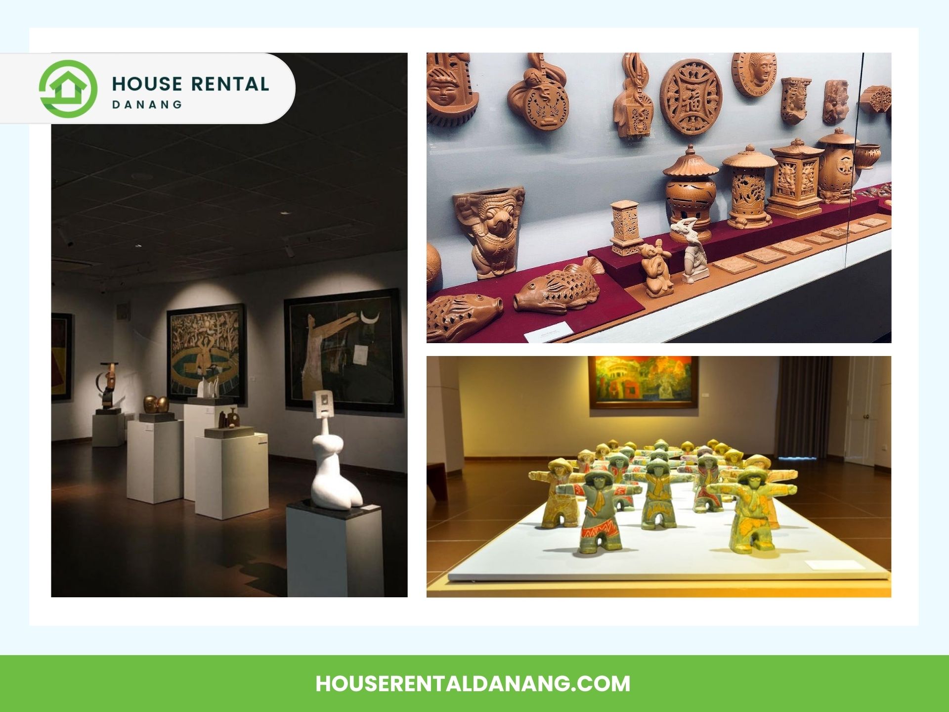 The Da Nang Fine Arts Museum exhibit features various art pieces, including stunning modern art sculptures and intricate pottery.