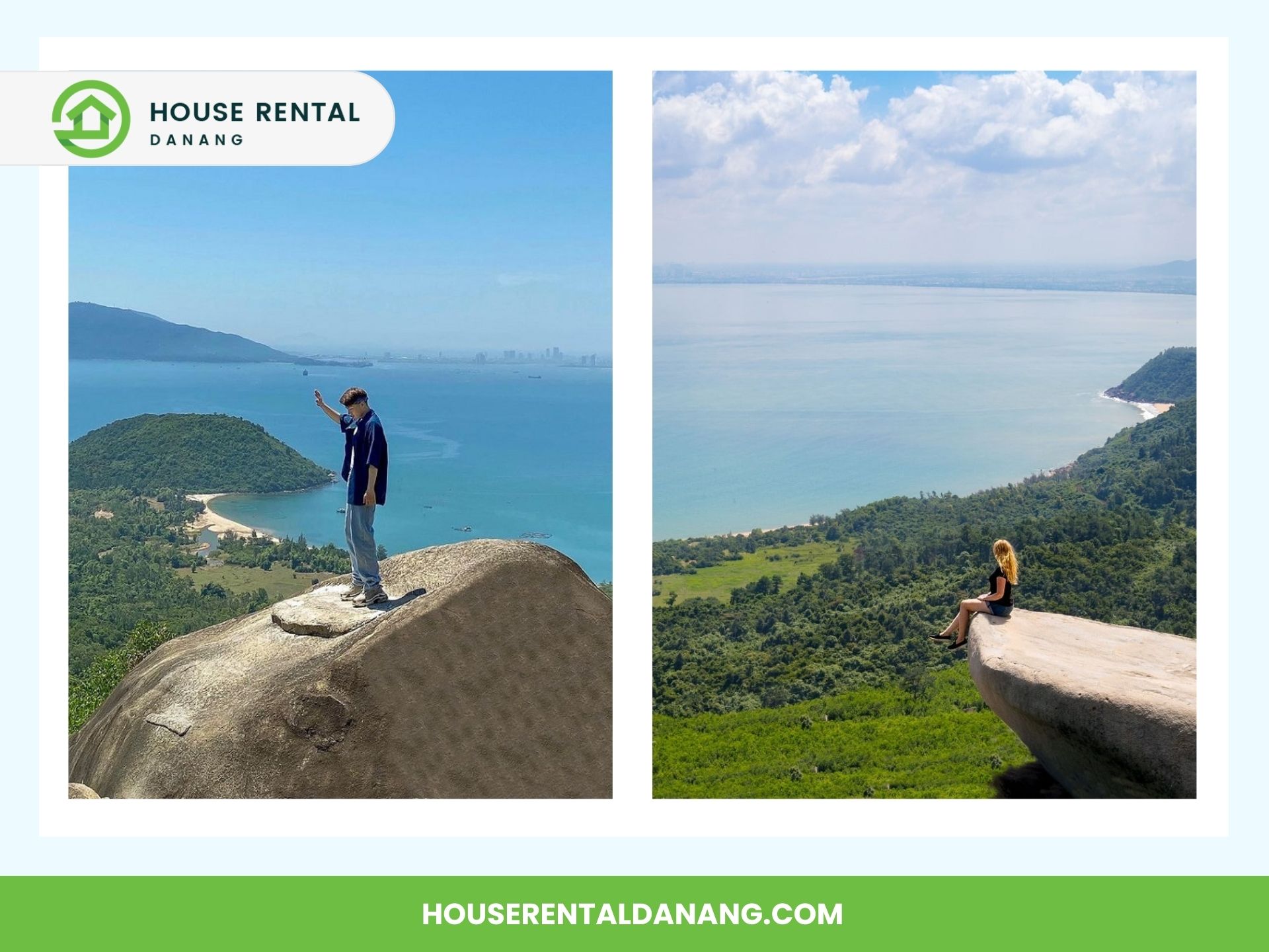 A person stands on a rock overlooking a sea view (left), and another person sits on the Hai Van Pass cliff edge with a panoramic ocean view (right). Both images include a mix of greenery and water.