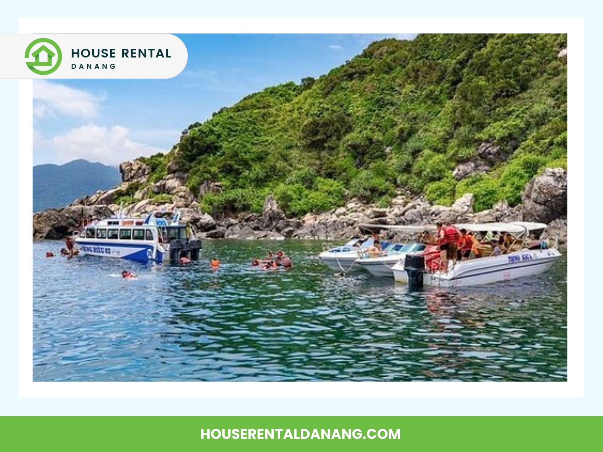 Two boats anchored near a lush, green shoreline with people swimming and snorkeling in clear, calm water. The sky is partly cloudy above this serene travel destination. Text reads "House Rental Danang" and "houserentaldanang.com". Perfect for your next visit to Cham Island!