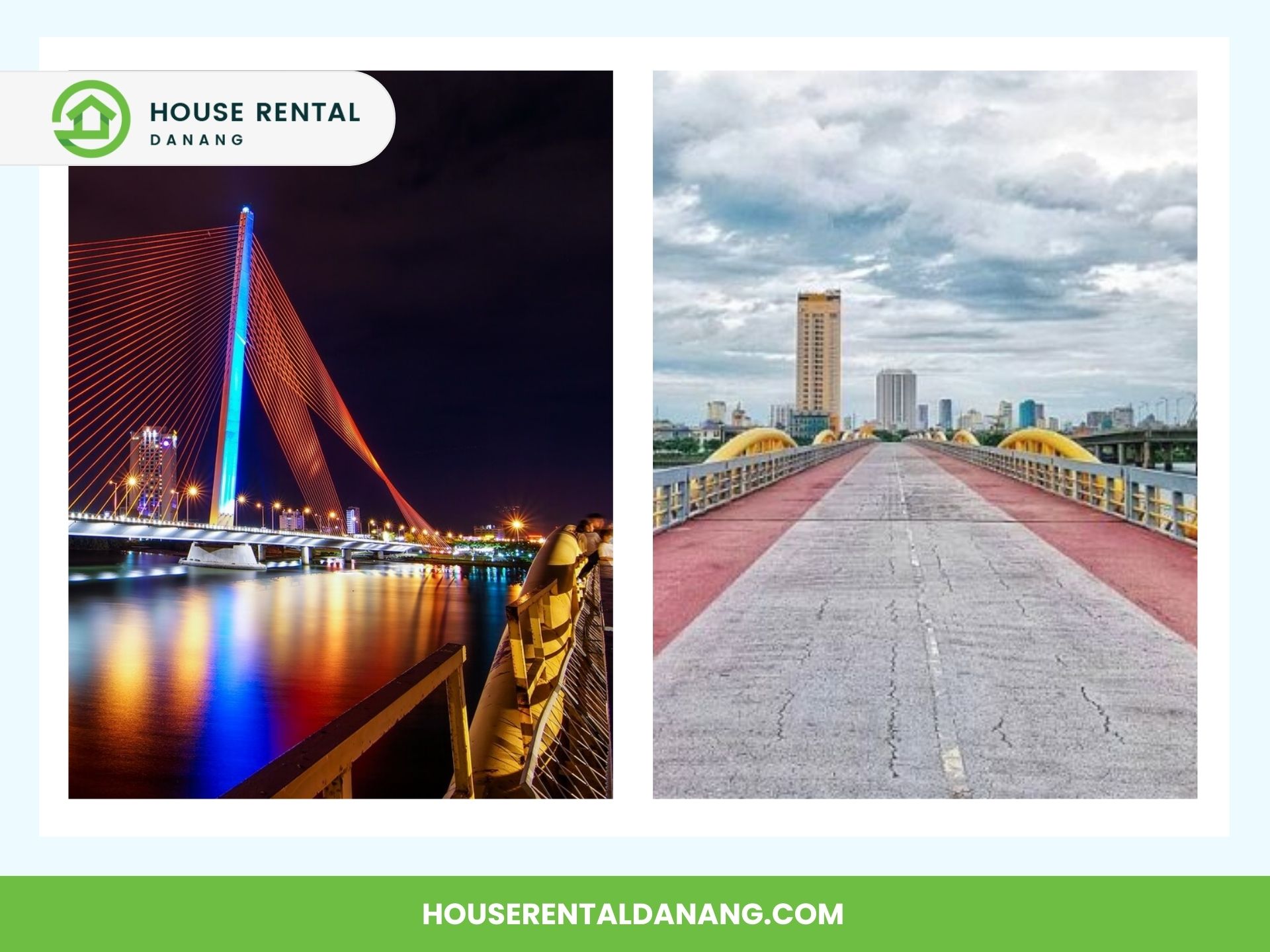 Side-by-side images of Da Nang, Vietnam: one shows a lit Nguyen Van Troi Bridge over the Han River at night, the other displays an empty road with buildings in the background. Text: House Rental Danang and houserentaldanang.com.