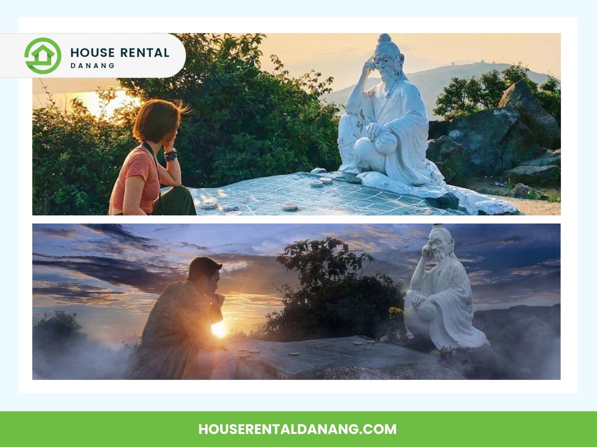 Two individuals sit near a white statue on Ban Co Peak, one at sunrise and the other at sunset. The scene showcases breathtaking views of the mountains and sky, with House Rental Danang branding subtly included.