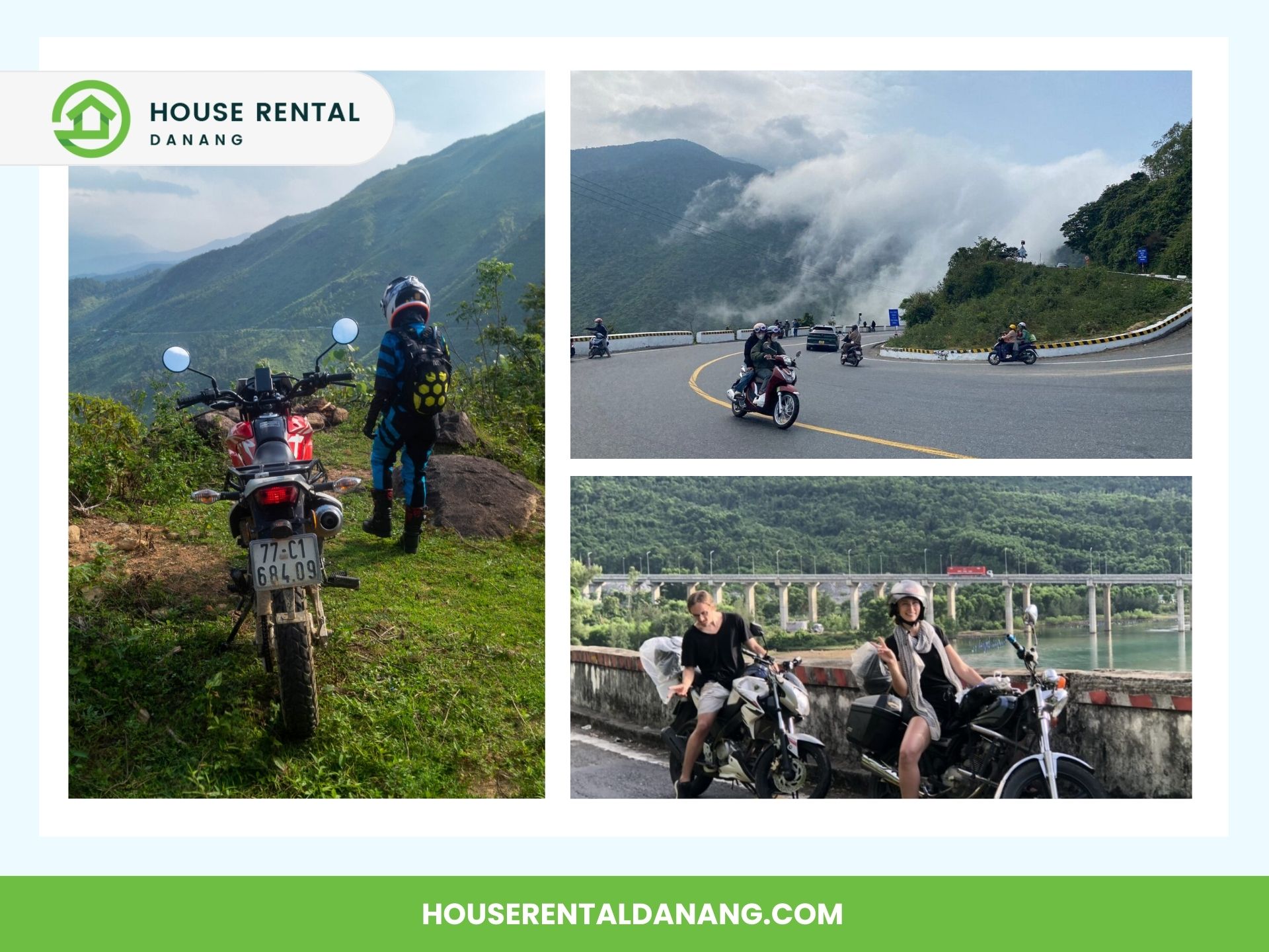 Collage of three images showing motorcyclists on scenic roads and viewpoints in the Hai Van Pass area, with a house rental company logo and website URL at the top and bottom.