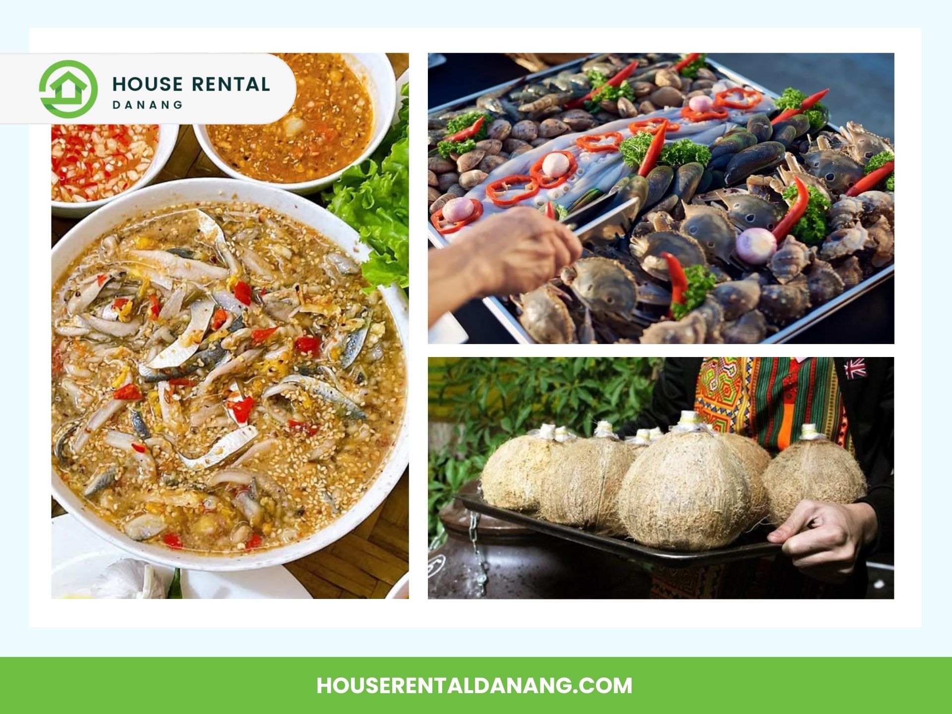 A collage showcasing three images: a bowl of fish soup, a person cooking seafood on a grill, and someone holding four large, cooked coconuts. HouseRentalDanang.com branding graces the top and bottom, highlighting flavors inspired by the Son Tra Peninsula.