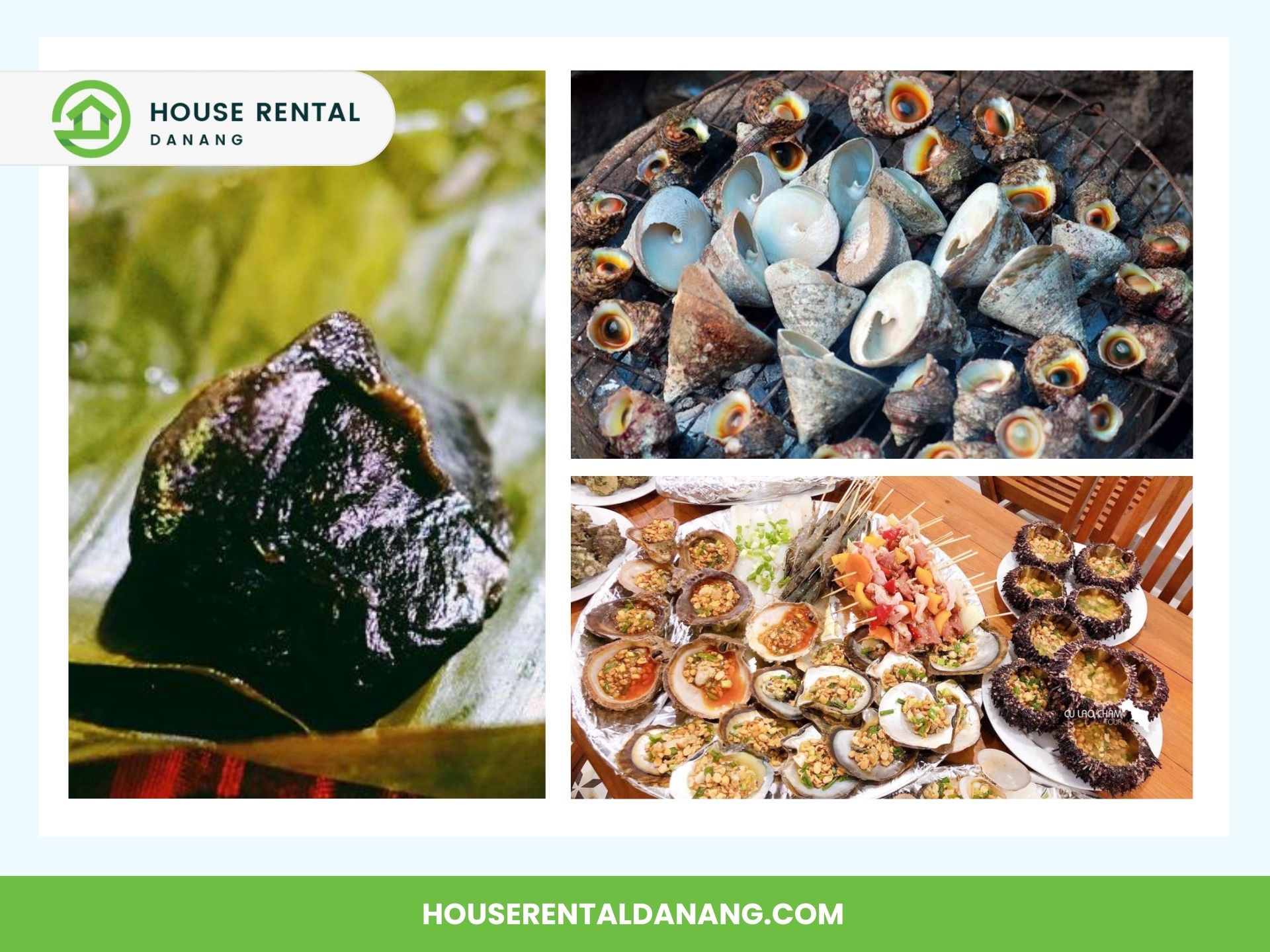 A collage of seafood images, including a close-up of a dark-colored shellfish, various cooked shellfish, and a spread of assorted seafood dishes on a table. The logo and website for House Rental Danang are included—one of the many reasons to travel to Cham Island.