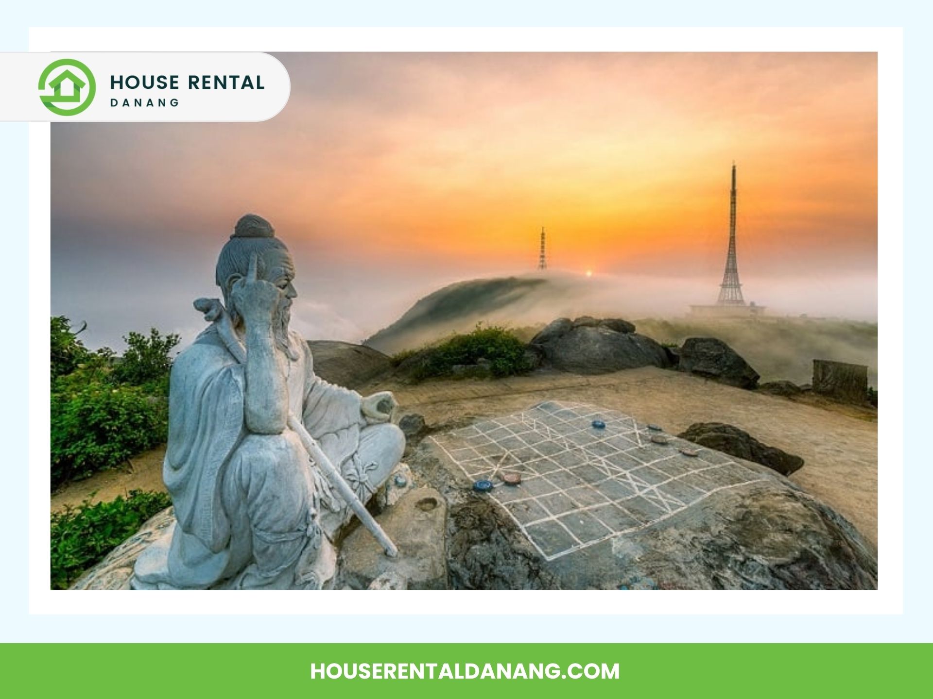 A stone statue sits on rocks overlooking a foggy landscape with towers in the background at sunset, reminiscent of Ban Co Peak. House Rental Danang logo and website are displayed.