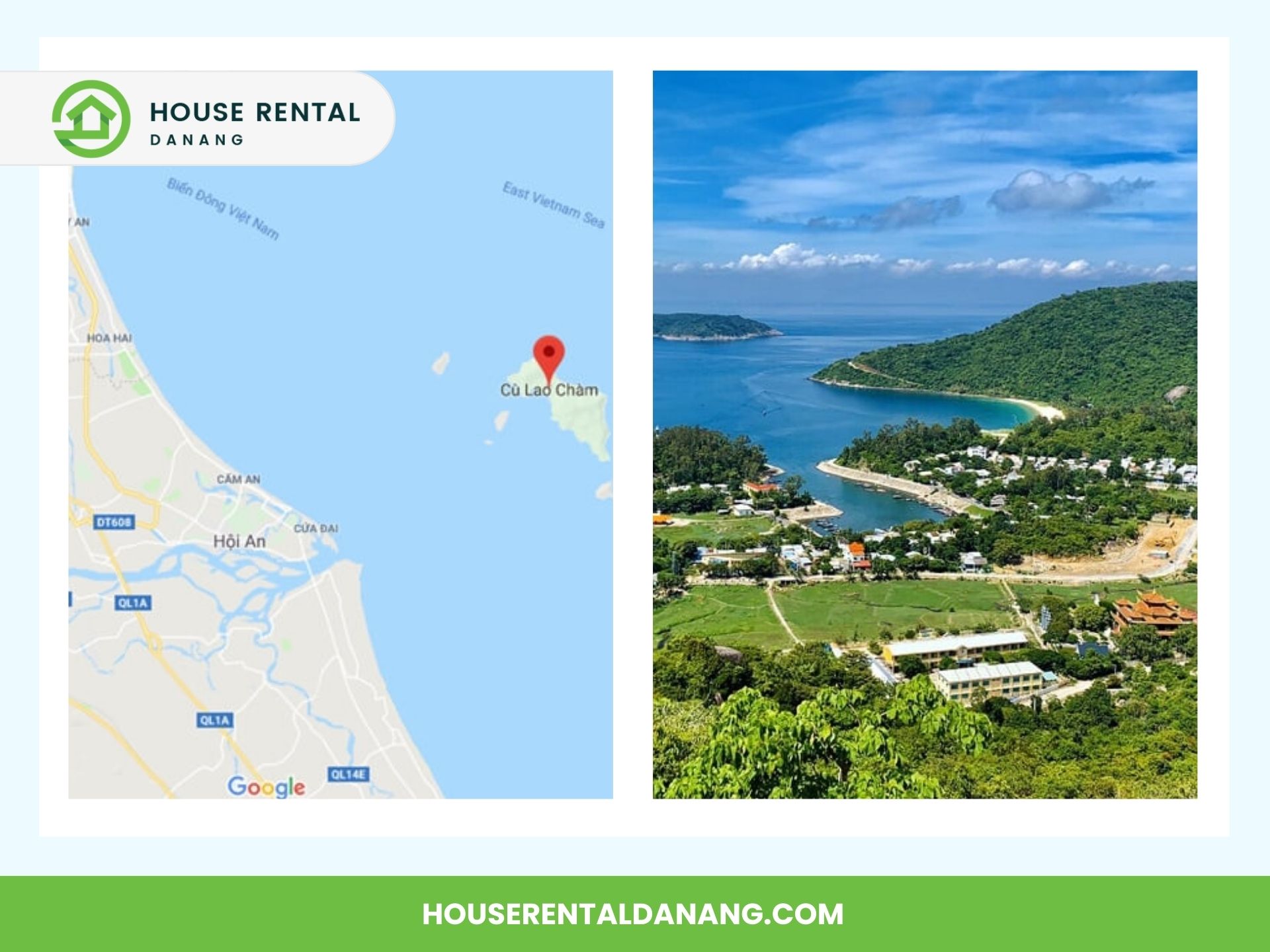 A map of Đà Nẵng, Vietnam on the left and a landscape view of a coastal area with lush green hills and blue waters on the right. Discover Cham Island and more reasons to visit Đà Nẵng at "houserentaldanang.com," written at the bottom.