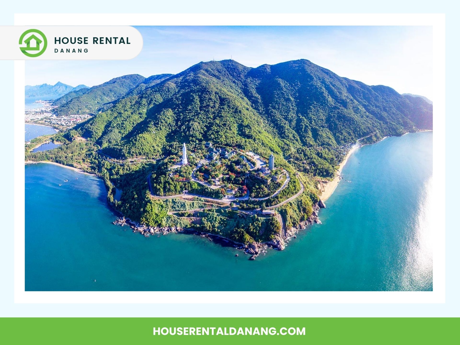 Aerial view of the densely forested Son Tra Peninsula with scattered buildings surrounded by blue ocean, promotional banner for House Rental Danang.