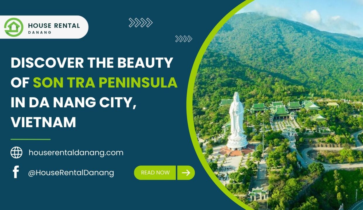 Promotional image highlighting the beauty of Son Tra Peninsula in Da Nang City, Vietnam. It features a stunning landscape view with a large statue and lush greenery, alongside contact information for House Rental Danang.