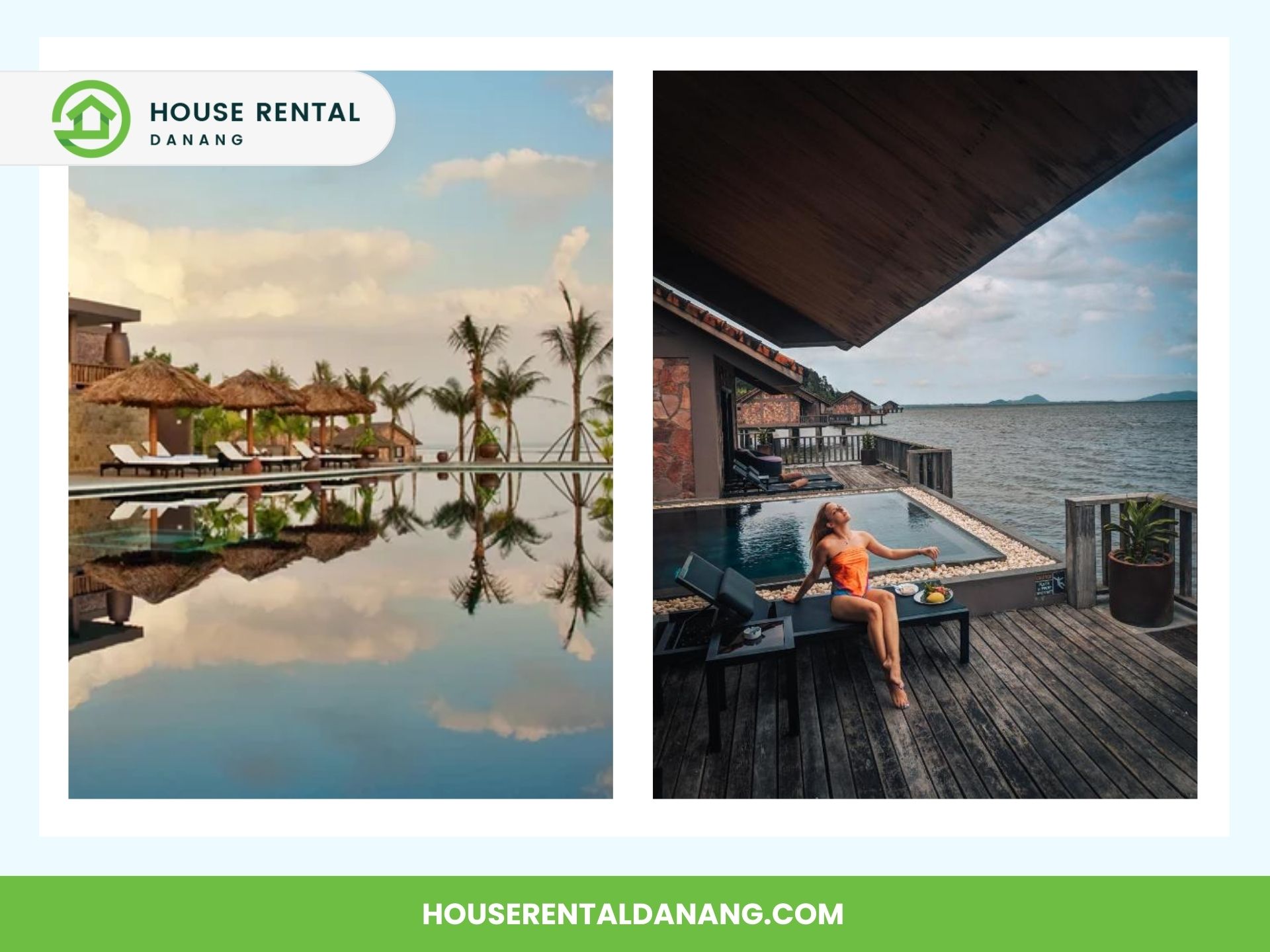 Split image of outdoor resort areas. Left half shows a pool with palm trees and loungers reflected in the water. Right half captures a person lounging near a private pool overlooking Hai Van Pass and a serene body of water.