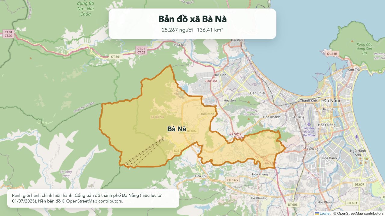 Bản đồ ranh giới xã Bà Nà hiện hành tại thành phố Đà Nẵng