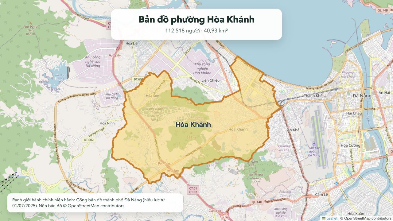 Bản đồ ranh giới phường Hòa Khánh hiện hành tại thành phố Đà Nẵng