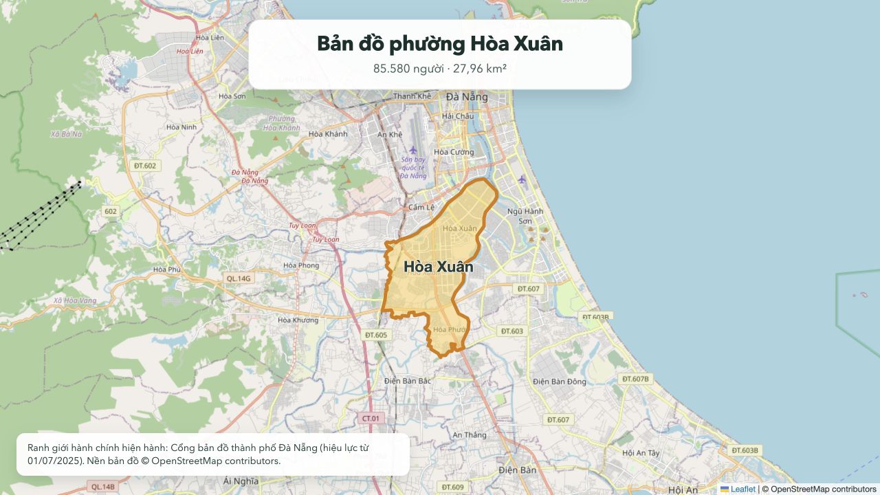 Bản đồ ranh giới phường Hòa Xuân hiện hành tại thành phố Đà Nẵng