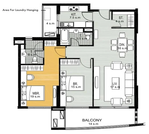 Indochina Riverside Towers two-bedroom apartment layout